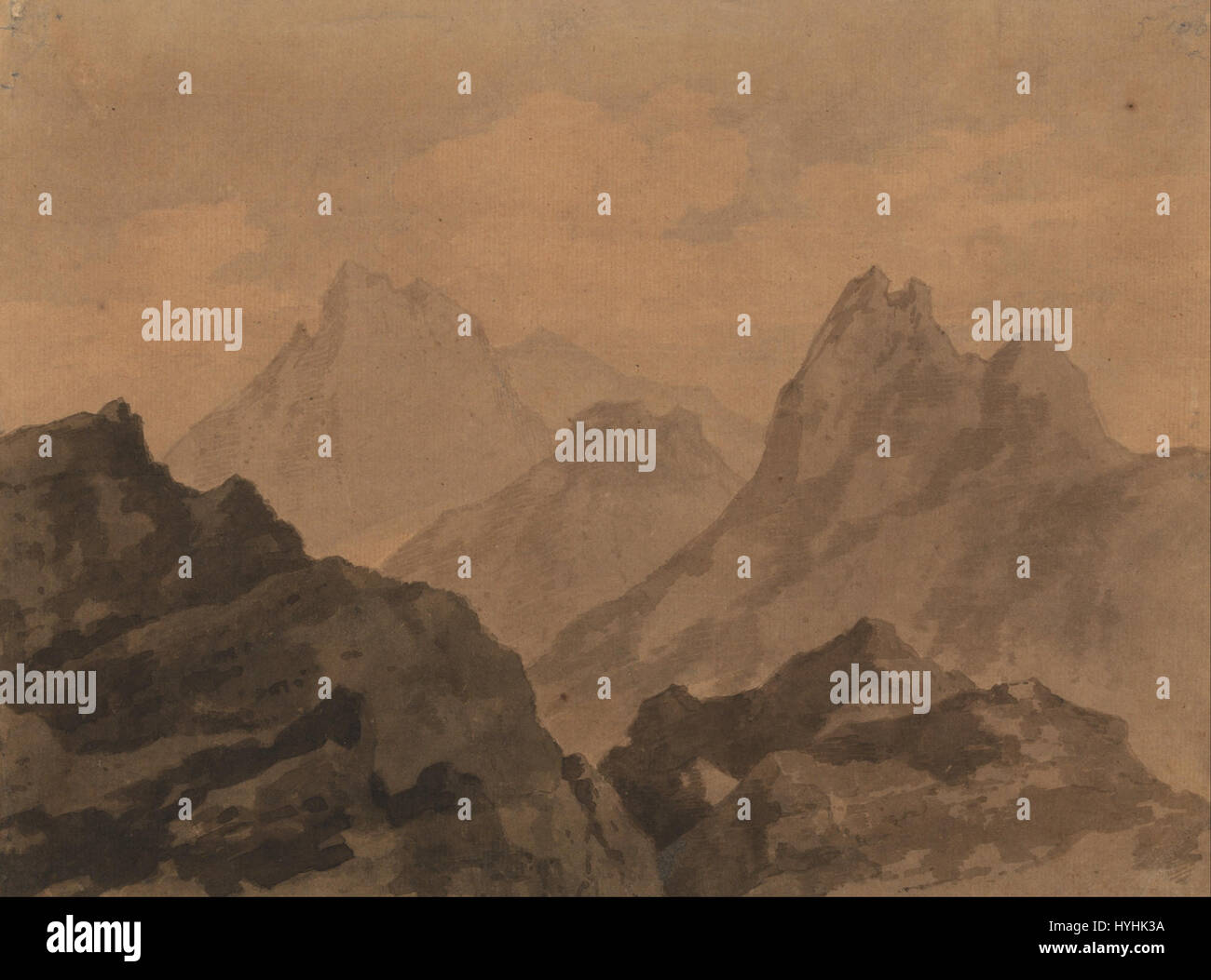 "Mountain Tops" di Alexander Cozens è uno studio dei paesaggi montani, esplorando le vette spettacolari e le condizioni atmosferiche che si trovano nella natura. Il lavoro esemplifica la capacità di Cozens di catturare la vastità e la grandezza dei paesaggi montuosi. Foto Stock