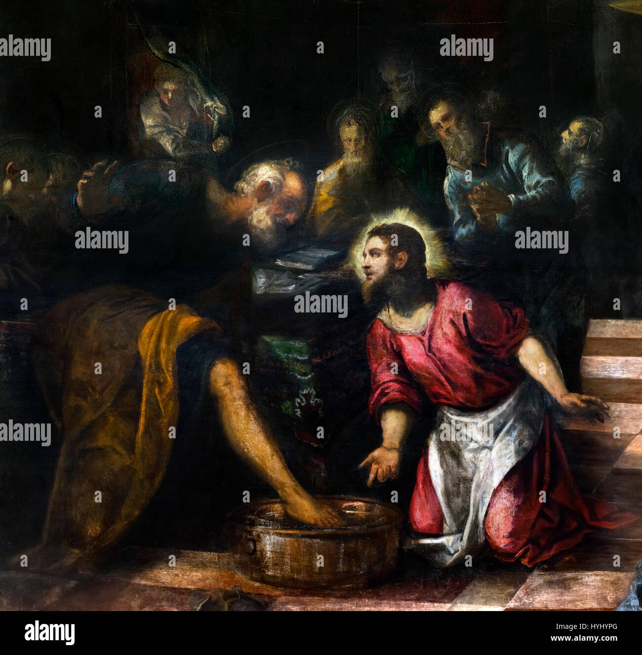 Cristo lavando i piedi dei discepoli di Jacopo Tintoretto (c.1518-1594), olio su tela, c.1575-80. Dettaglio di un dipinto di grandi dimensioni, HYHYPK. Foto Stock