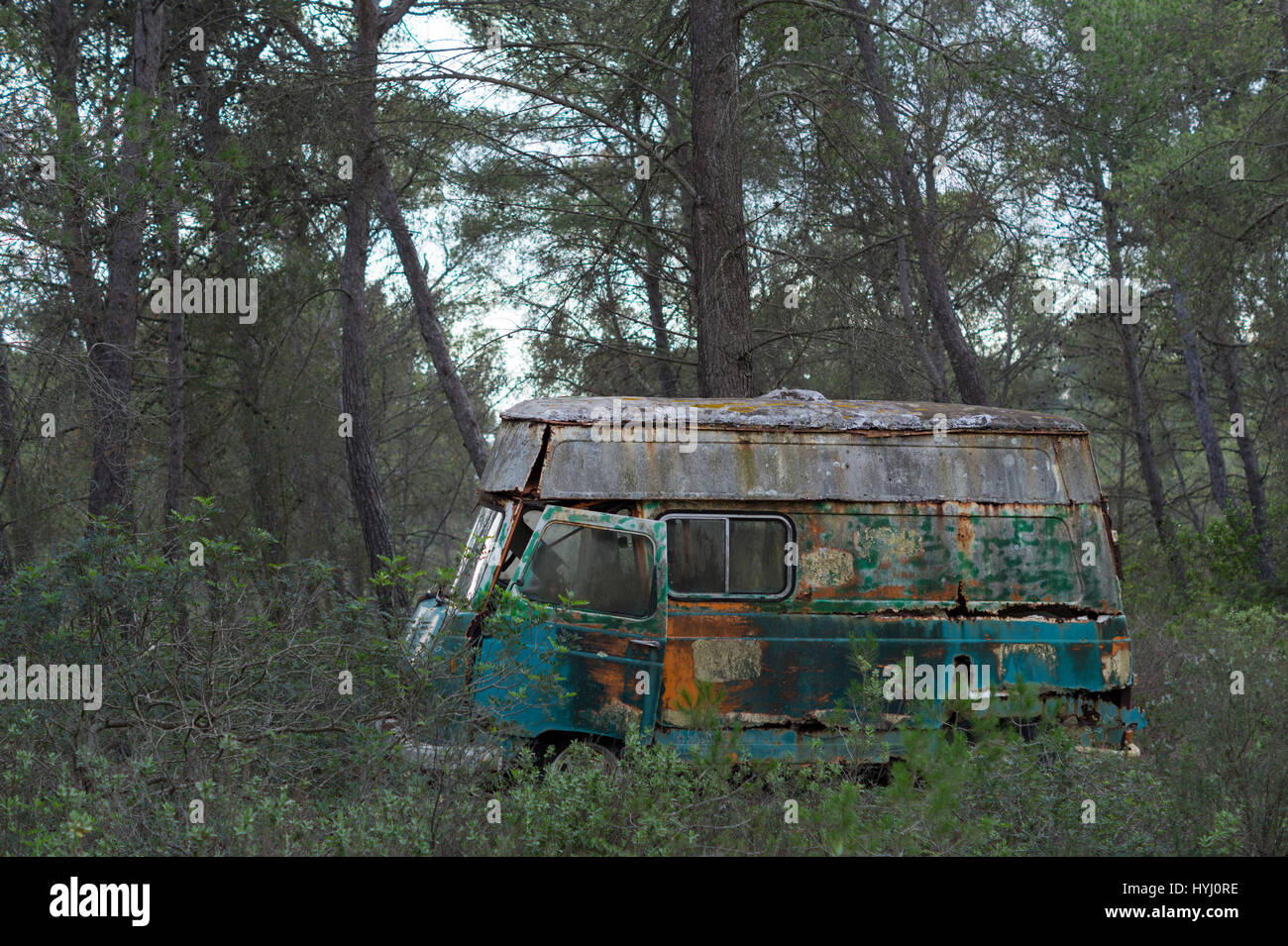 Abbandonata la hippie van nella foresta. Foto Stock