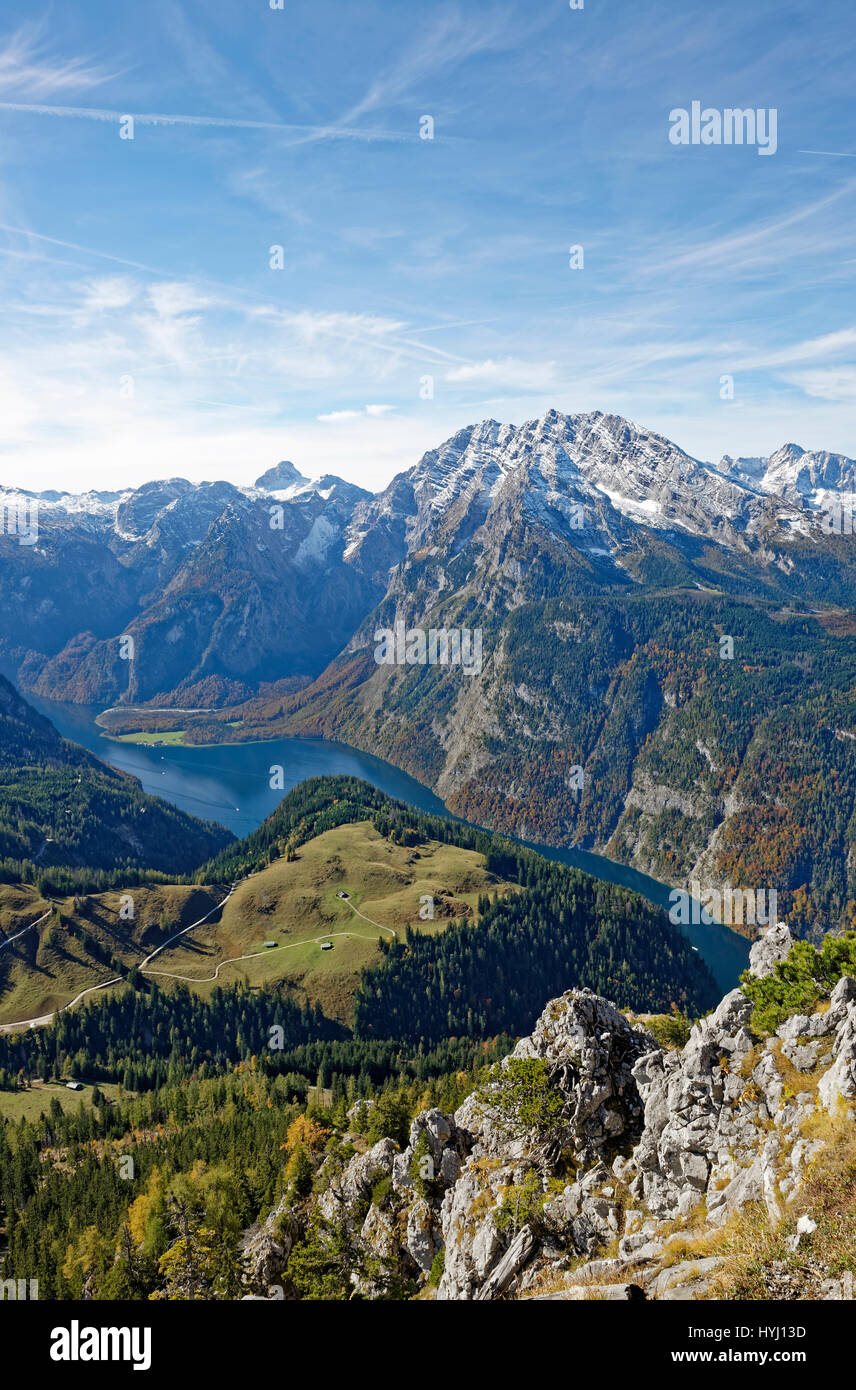 Vista da Jenner sul Konigssee e Watzmann, Parco Nazionale di Berchtesgaden, sulle Alpi di Berchtesgaden, Berchtesgadener Land district Foto Stock