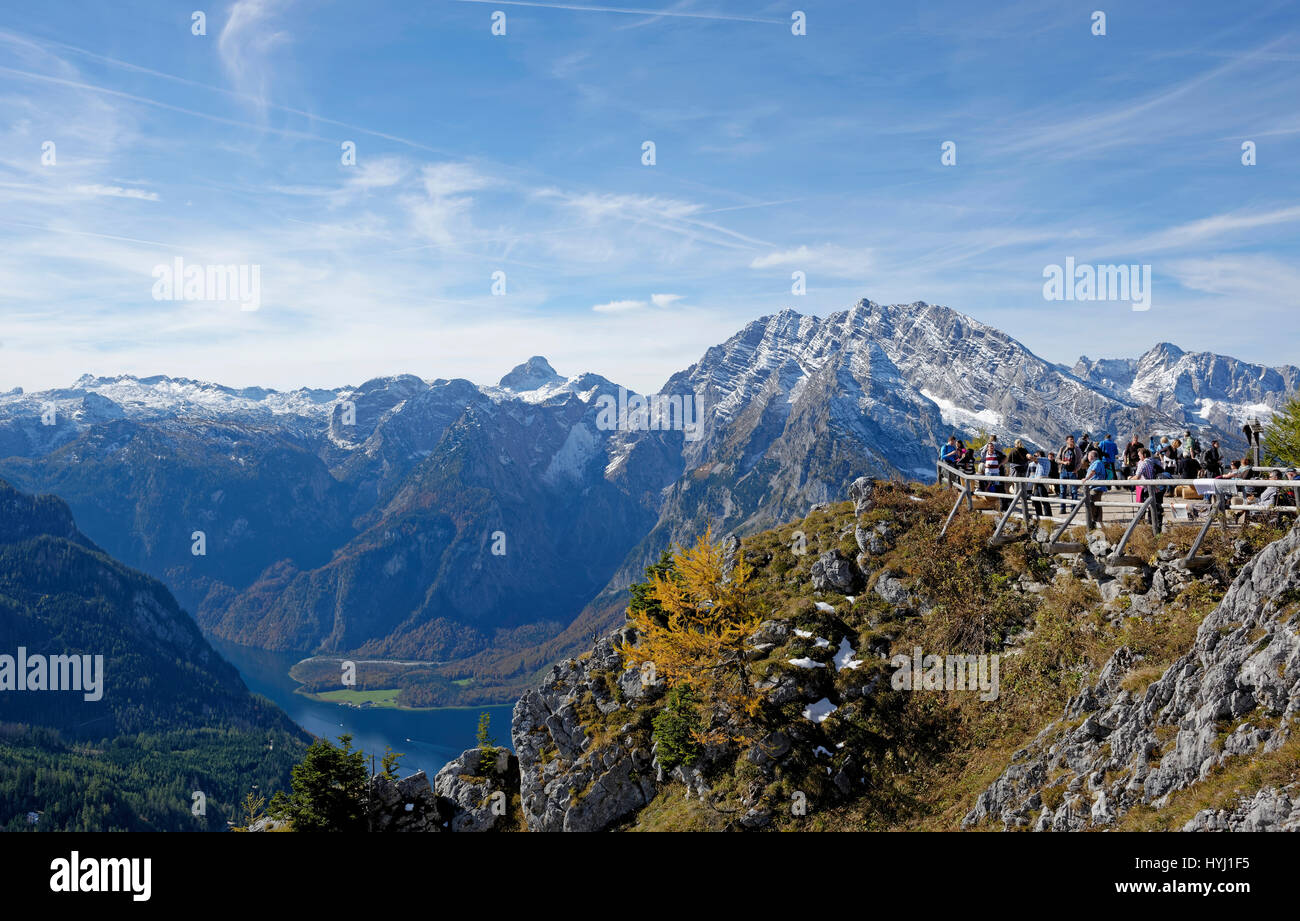 Piattaforma di Osservazione a Jenner con Königssee e Watzmann, Parco Nazionale di Berchtesgaden, sulle Alpi di Berchtesgaden Foto Stock