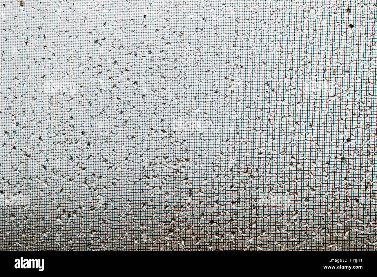 Close-up di gocce di pioggia su un vetro di un finestrino e schermo Foto Stock