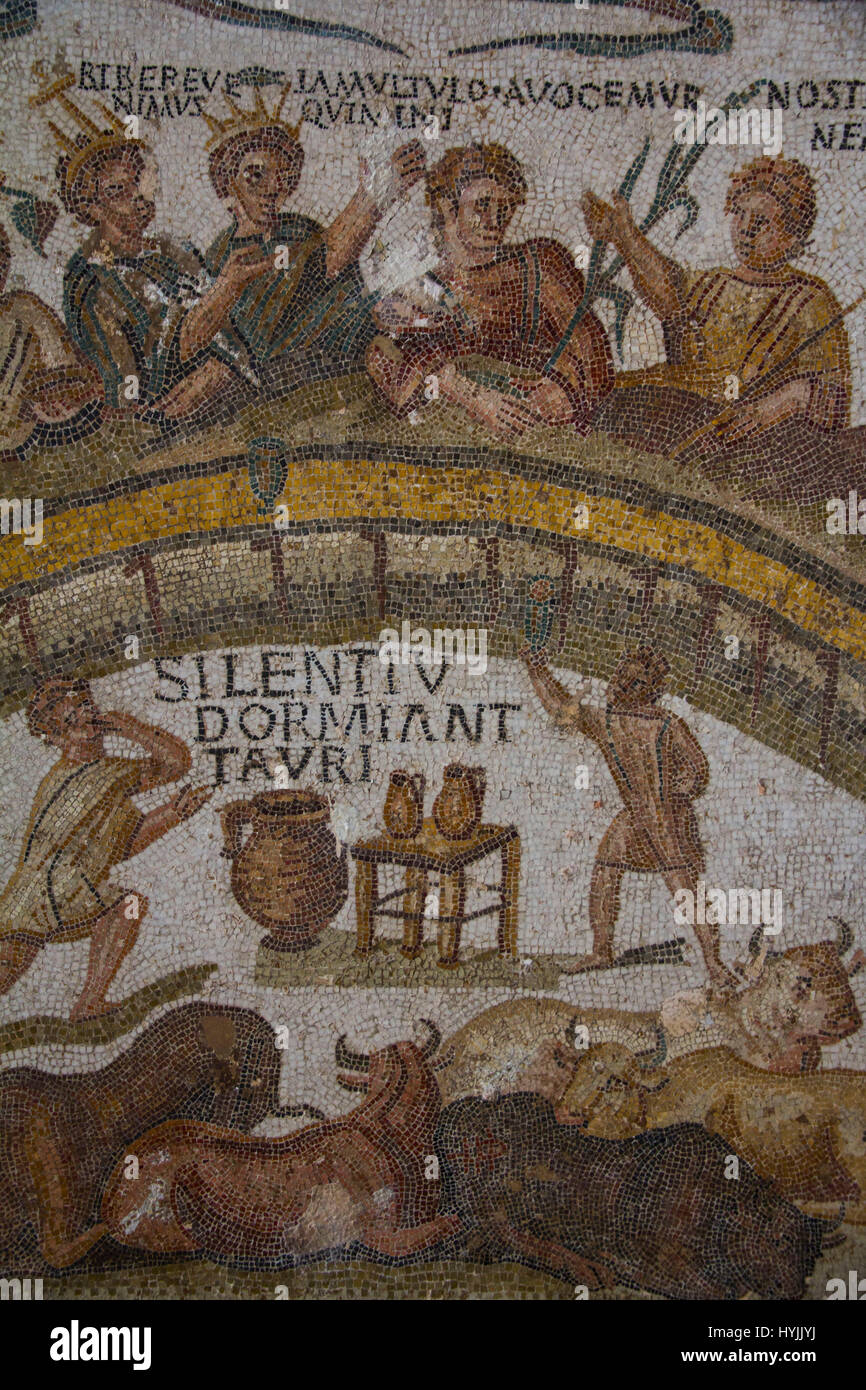 I visitatori sono trattate per uno sguardo da vicino a molti meravigliosi moasics romano in mostra presso il Bardo Museo Nazionale. Questi nord africana di mosaico romano Foto Stock