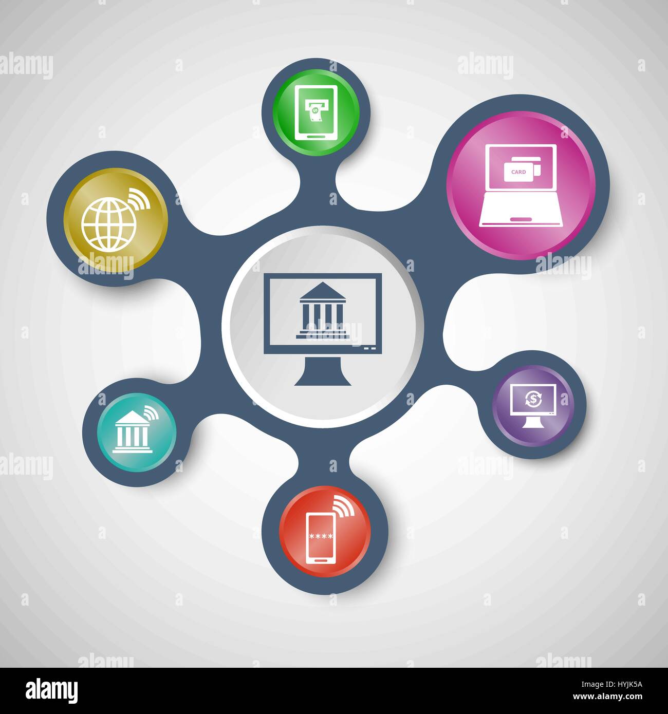 Online banking infografico con modelli collegati metaballs, vettore di stock Illustrazione Vettoriale
