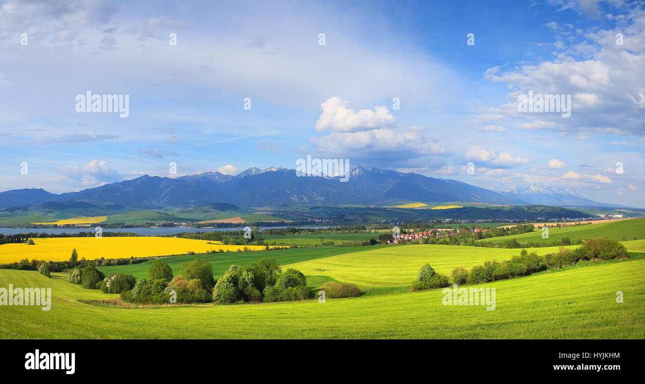 Cielo blu su verde prato in montagna. Colorato sfondo d'estate. Il pittoresco panorama di montagna. Un resort bello sfondo. Foto Stock