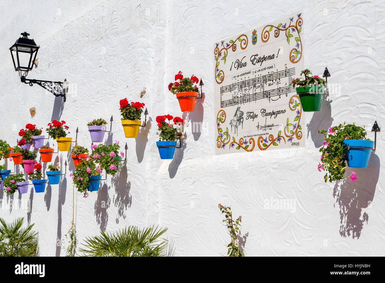 Vaso di fiori e parete bianca, Estepona. Malaga provincia Costa del Sol. Andalusia Spagna meridionale, Europa Foto Stock