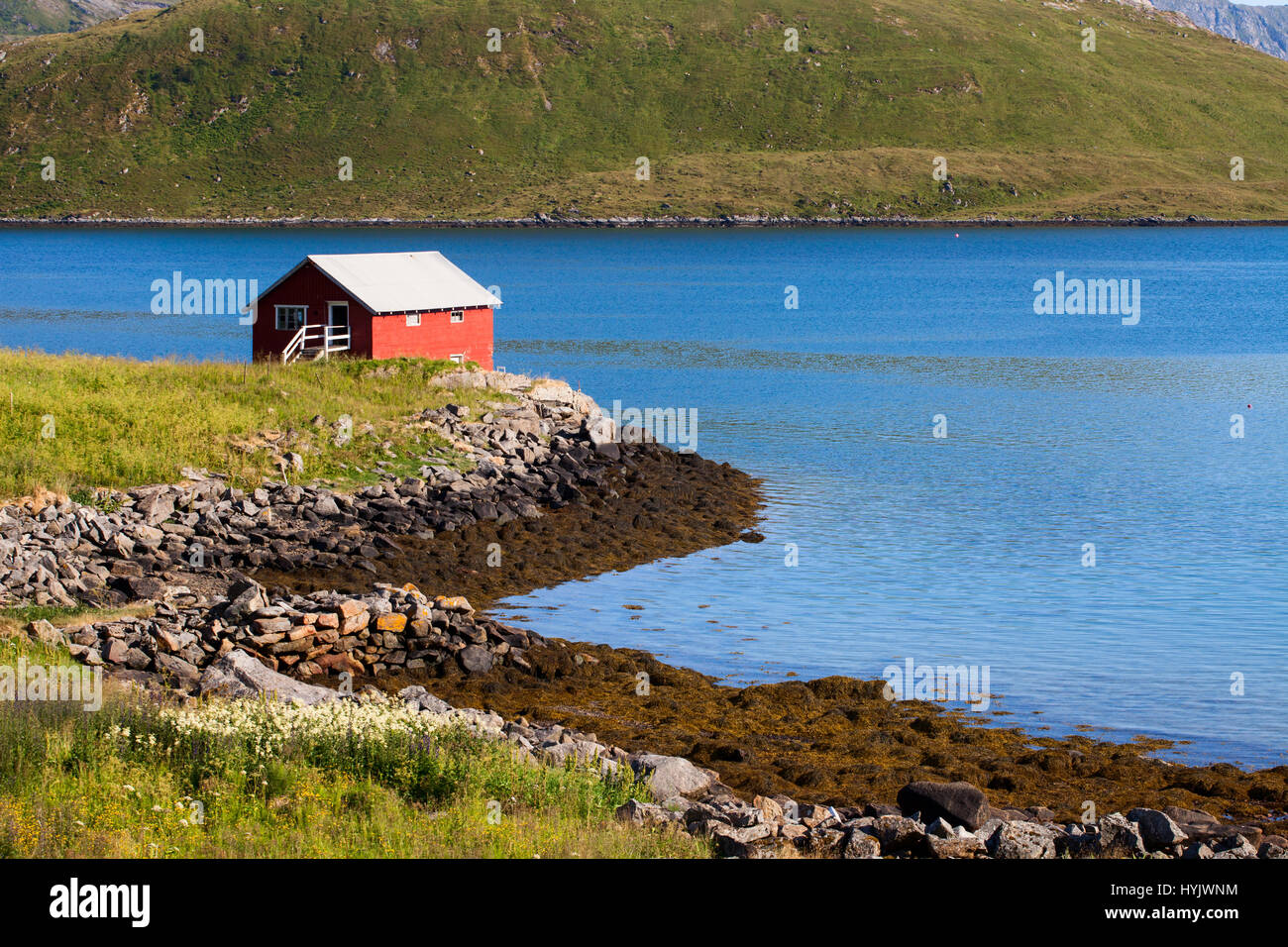 L'Europa,NORVEGIA,Lofoten,Flakstadoya isola,vista di un piccolo villaggio di pescatori Foto Stock