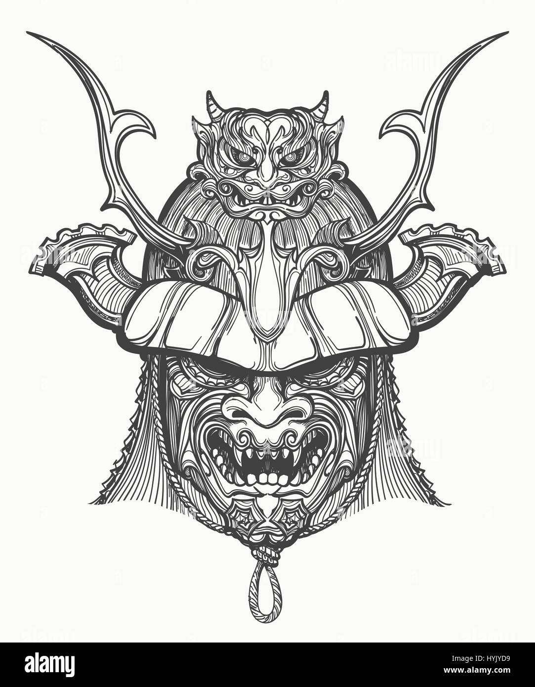 Maschera Samurai disegnati a mano illustrazione vettoriale. Giapponese tradizionale maschera di arti marziali. Bianco e nero isolato su bianco. Illustrazione Vettoriale