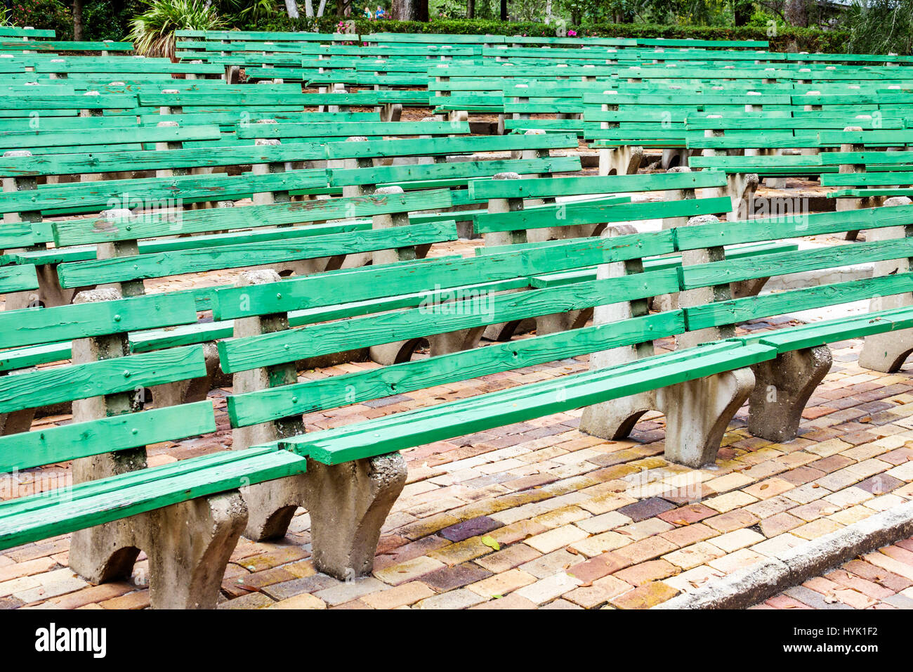 Winter Park Florida,Orlando,Mead Botanical Garden,Anfiteatro,parco,panca,panchine,cemento,legno,verde,file,vuoto,FL17022147 Foto Stock