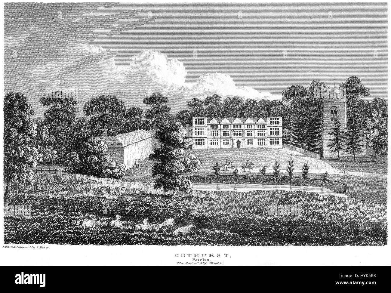 Una incisione di Gothurst (Gayhurst) Bucks, la sede di Miss Wright scansionati ad alta risoluzione da un libro stampato in 1812. Ritiene copyright free. Foto Stock