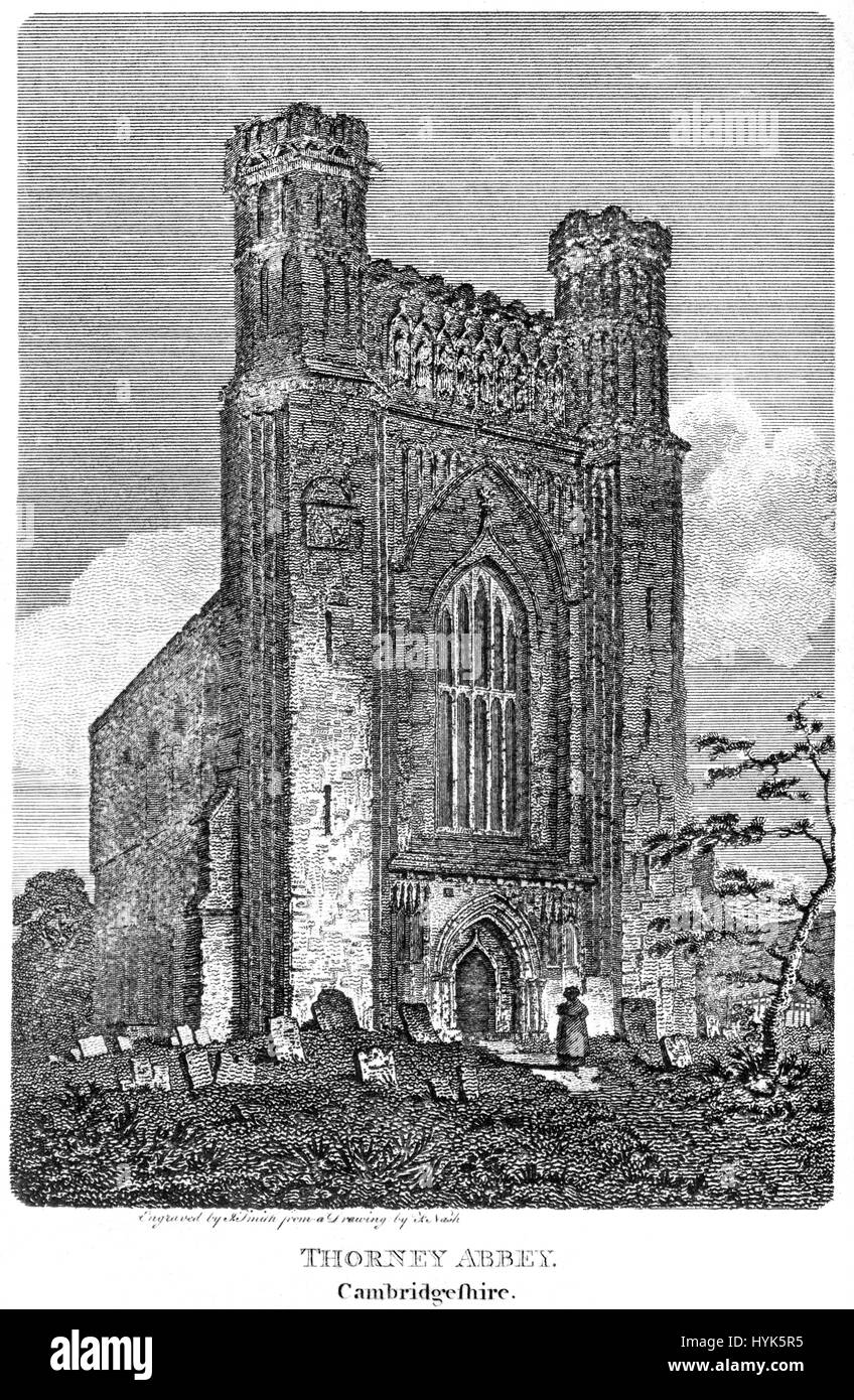 Una incisione di Thorney Abbey, Cambridgeshire scansionati ad alta risoluzione da un libro stampato in 1812. Ritiene copyright free. Foto Stock