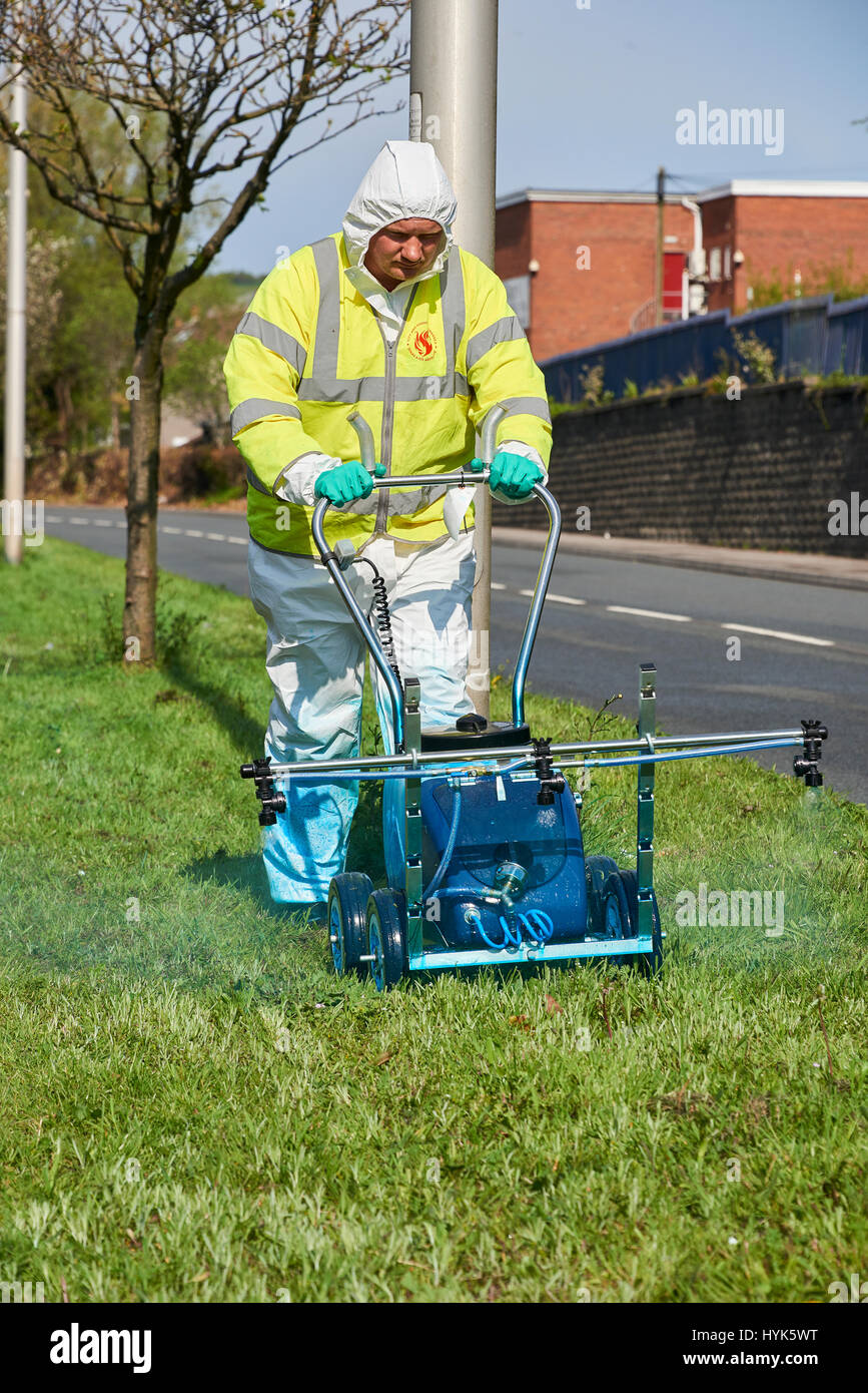 Pesticida essendo applicato alla centrale di prenotazione utilizzando una irroratrice walkover a Fabian Way Swansea. L'applicazione viene effettuata per sradicare v Foto Stock