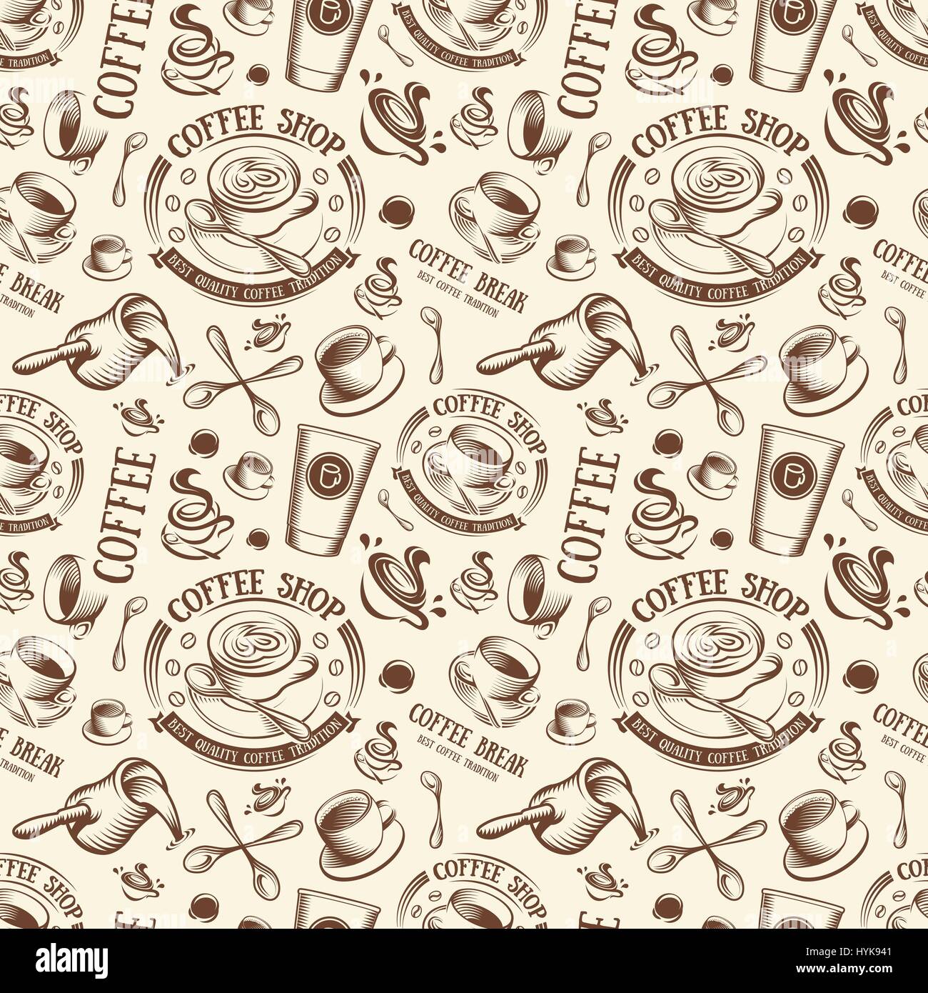 Isolato di color marrone tazza in stile retrò sfondo, coffee shop sfondo illustrazione vettoriale Illustrazione Vettoriale