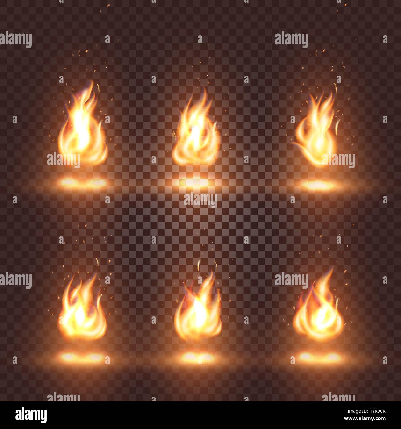 Abstract isolato realistica fiamma di fuoco immagini impostato su sfondo a scacchi, falò segni raccolta su sfondo scuro illustrazione vettoriale Illustrazione Vettoriale