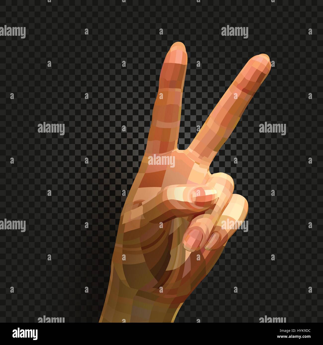 Isolato realistico astratto mano umana immagine su sfondo nero, due dita la pace o segno di vittoria illustrazione vettoriale Illustrazione Vettoriale