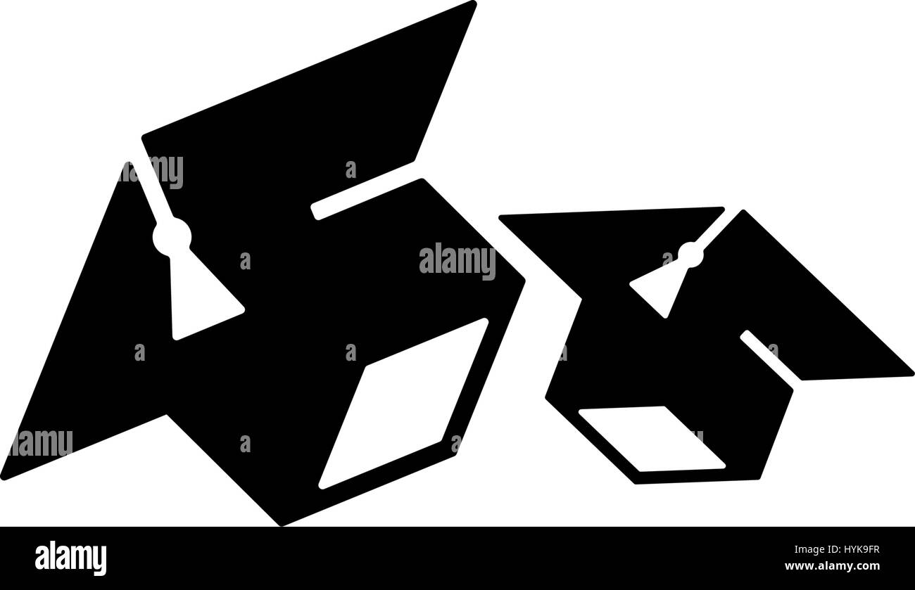 Isolato in bianco e nero e a colori bianco due cappelli di laurea logo, gli studenti di laurea logotipo uniforme, elemento di istruzione illustrazione vettoriale Illustrazione Vettoriale