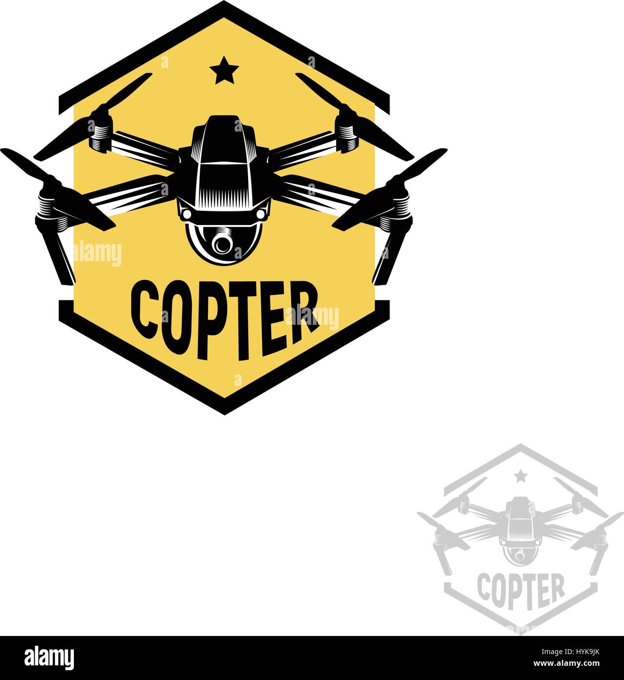 Isolato di forma esagonale di colore giallo quadrocopter logo su sfondo bianco, drone logotipo, rc drone illustrazione vettoriale Illustrazione Vettoriale