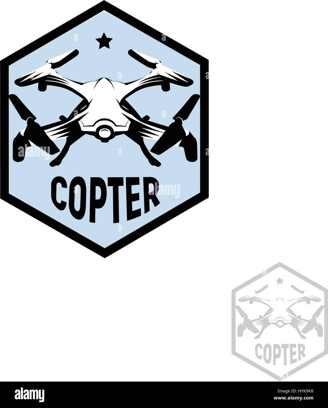 Isolato di forma esagonale di colore blu quadrocopter logo su sfondo bianco, drone logotipo, rc drone illustrazione vettoriale Illustrazione Vettoriale