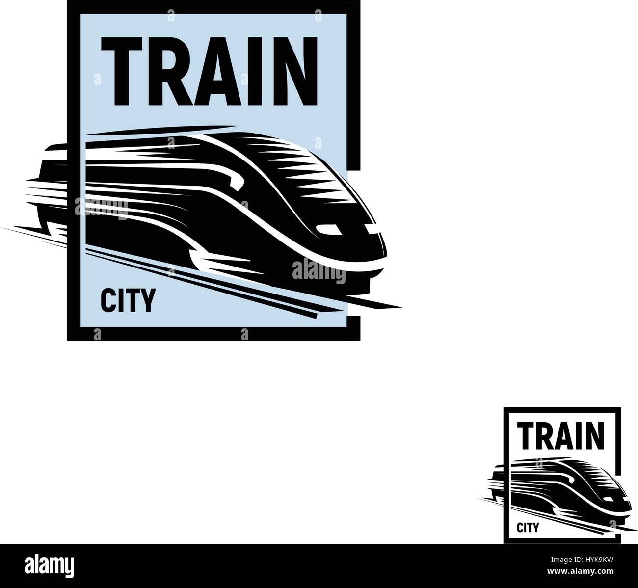 Abstract isolato di colore nero in treno in quadrato blu logo su sfondo bianco, monocromatico moderno trasporto ferroviario logotipo, railroad elemento in stile di incisione illustrazione vettoriale Illustrazione Vettoriale