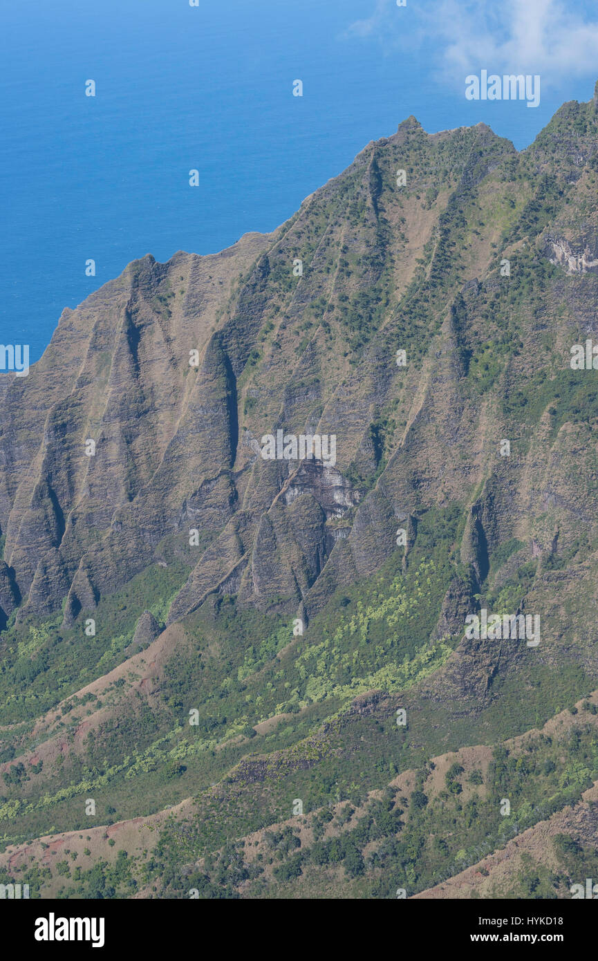Montagne e l'Oceano Costa Napali da Kalalau Lookout, Koke"e del Parco Statale di Kauai, Hawaii, STATI UNITI D'AMERICA Foto Stock