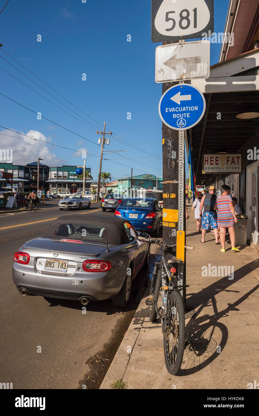 I percorsi di evacuazione segno, Kapa'a Kauai, Hawaii, STATI UNITI D'AMERICA Foto Stock