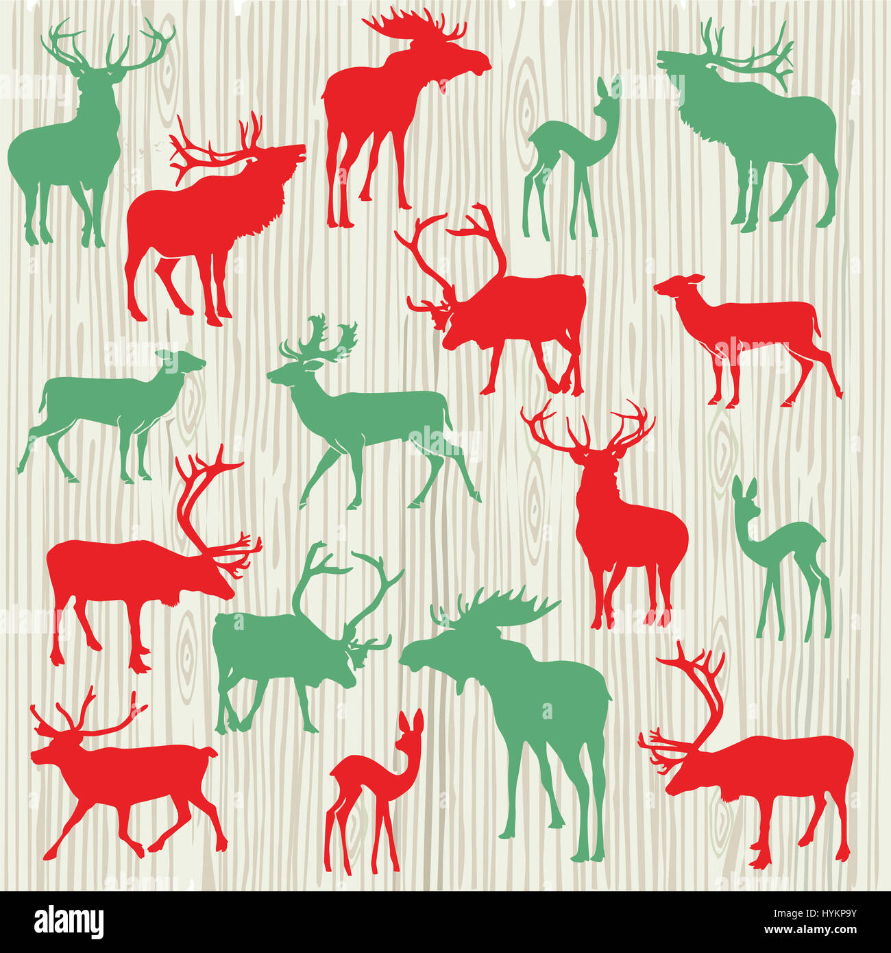 Illustrazione di colore rosso e verde cervi, le renne e le alci Foto Stock