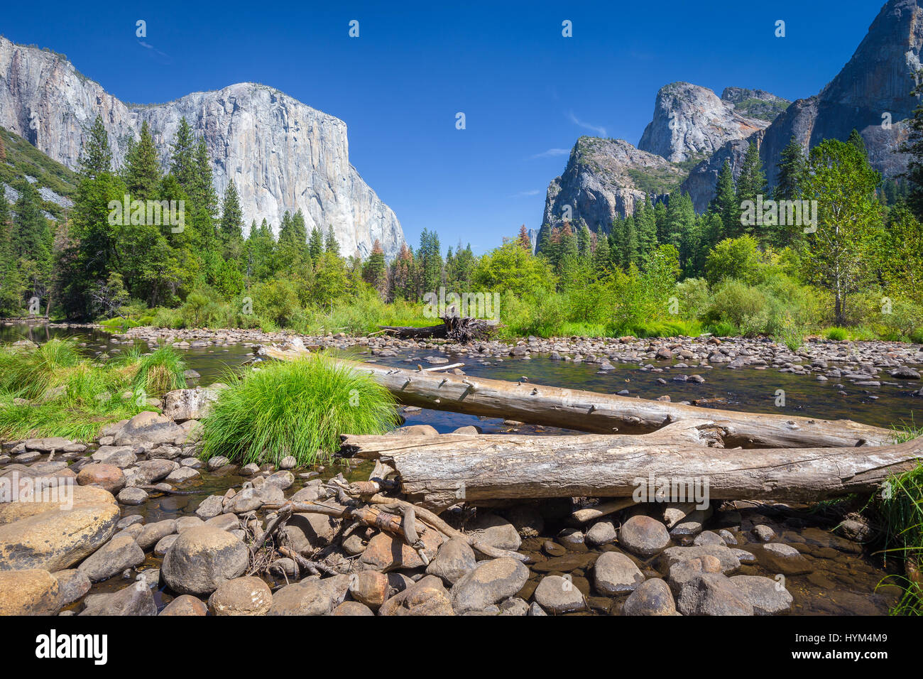 Visualizzazione classica di scenic Yosemite Valley con il famoso El Capitan arrampicata su roccia vertice e idilliaco fiume Merced in una giornata di sole con cielo blu e nuvole in Foto Stock