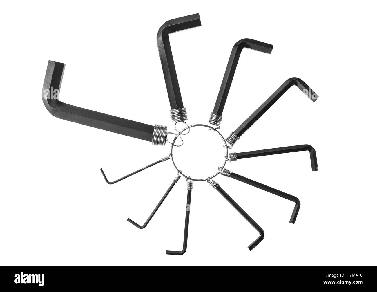 Metallo nero chiavi esagonali sono disposti in un cerchio su sfondo bianco Foto Stock