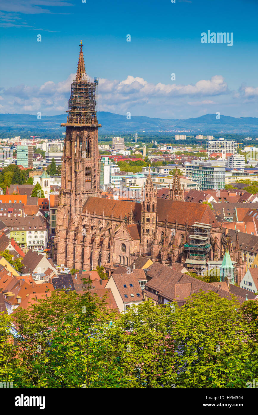 Città storica di Freiburg im Breisgau con il famoso Freiburg Minster cattedrale in bella luce mattutina, membro del Baden-Wurttemberg, Germania sud-occidentale Foto Stock