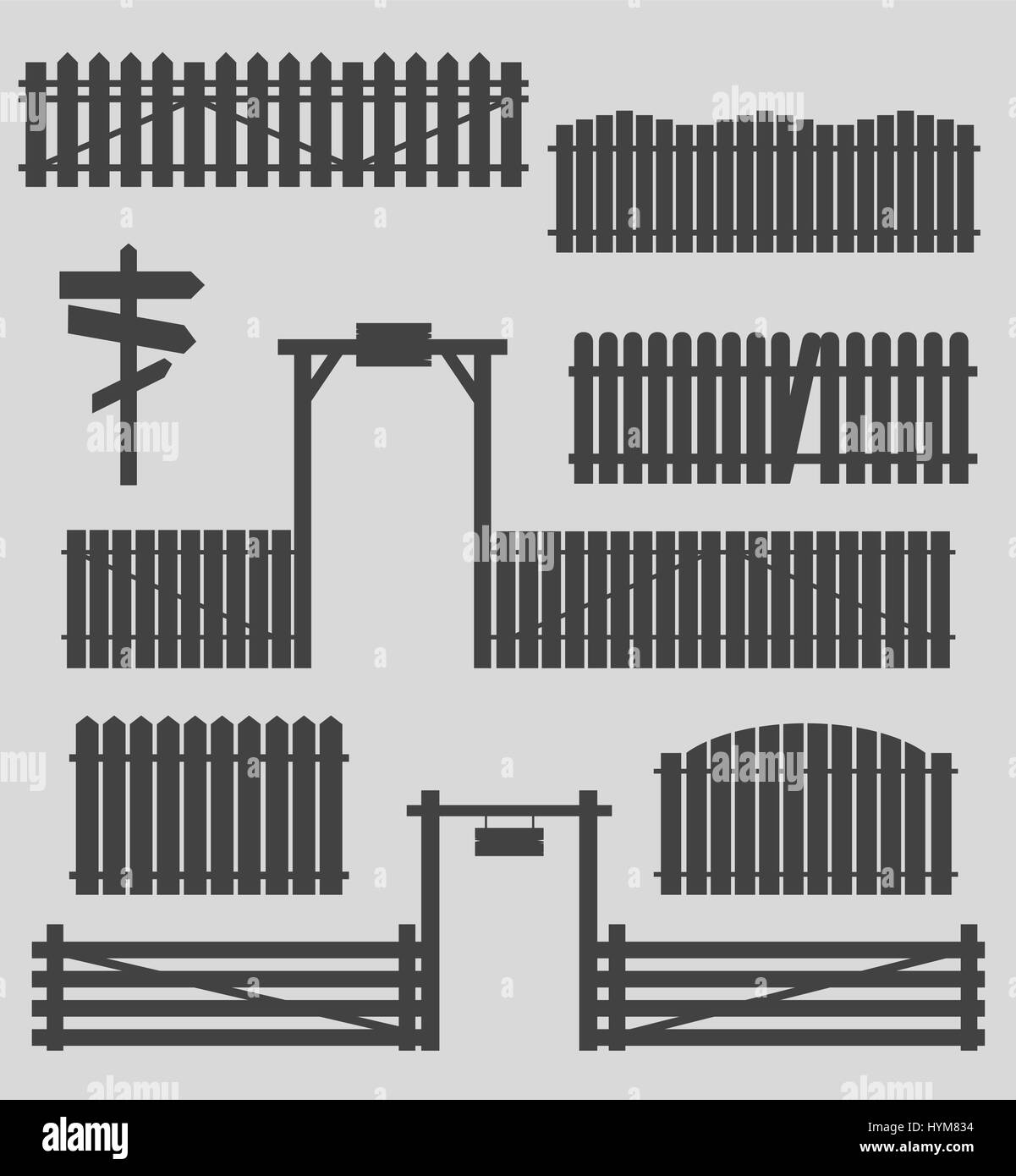 Set di recinti di legno con i cancelli Illustrazione Vettoriale