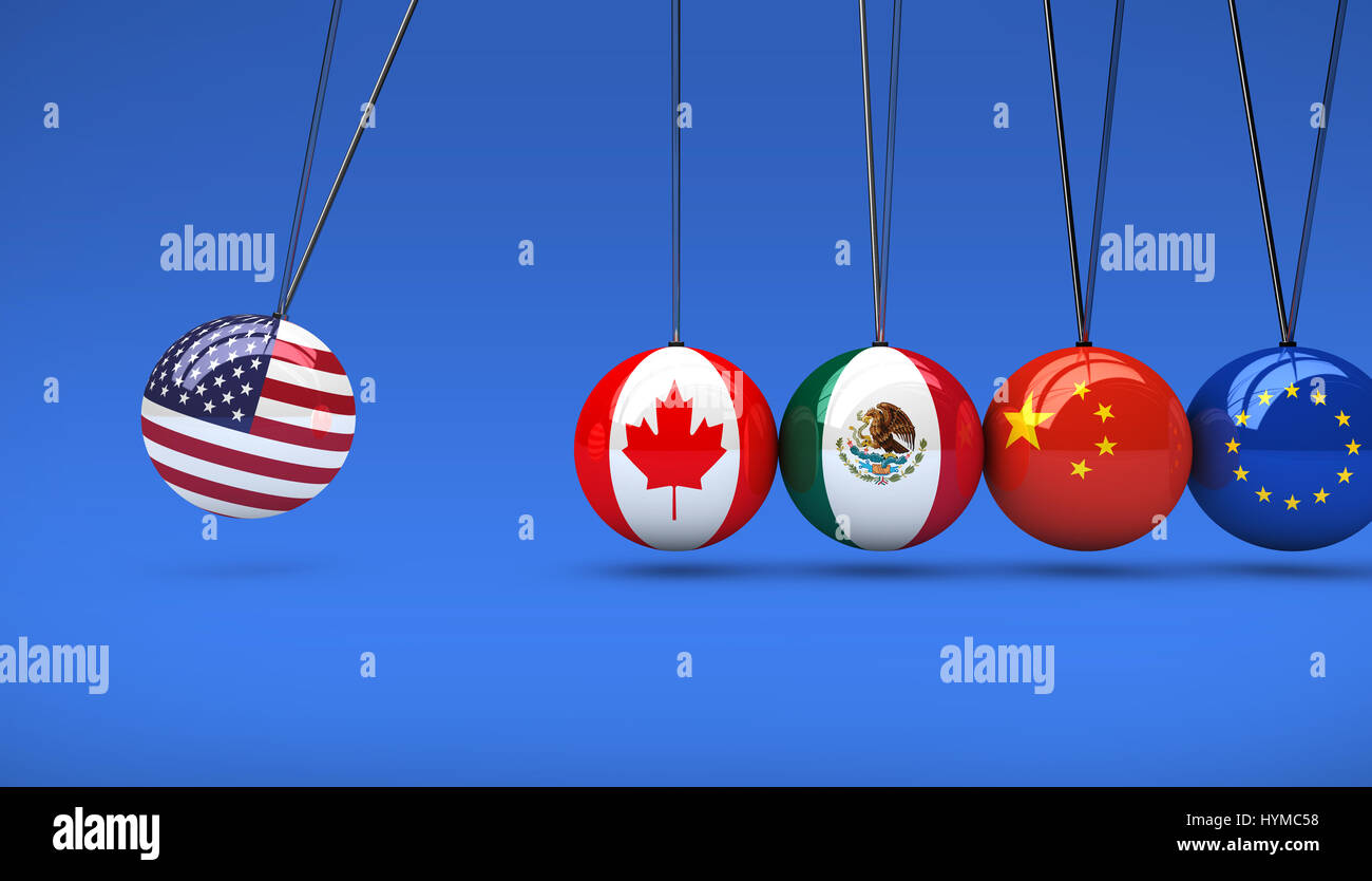 Stati Uniti d'America economia impatto internazionale sul mercato globale concetto 3D'illustrazione. Foto Stock