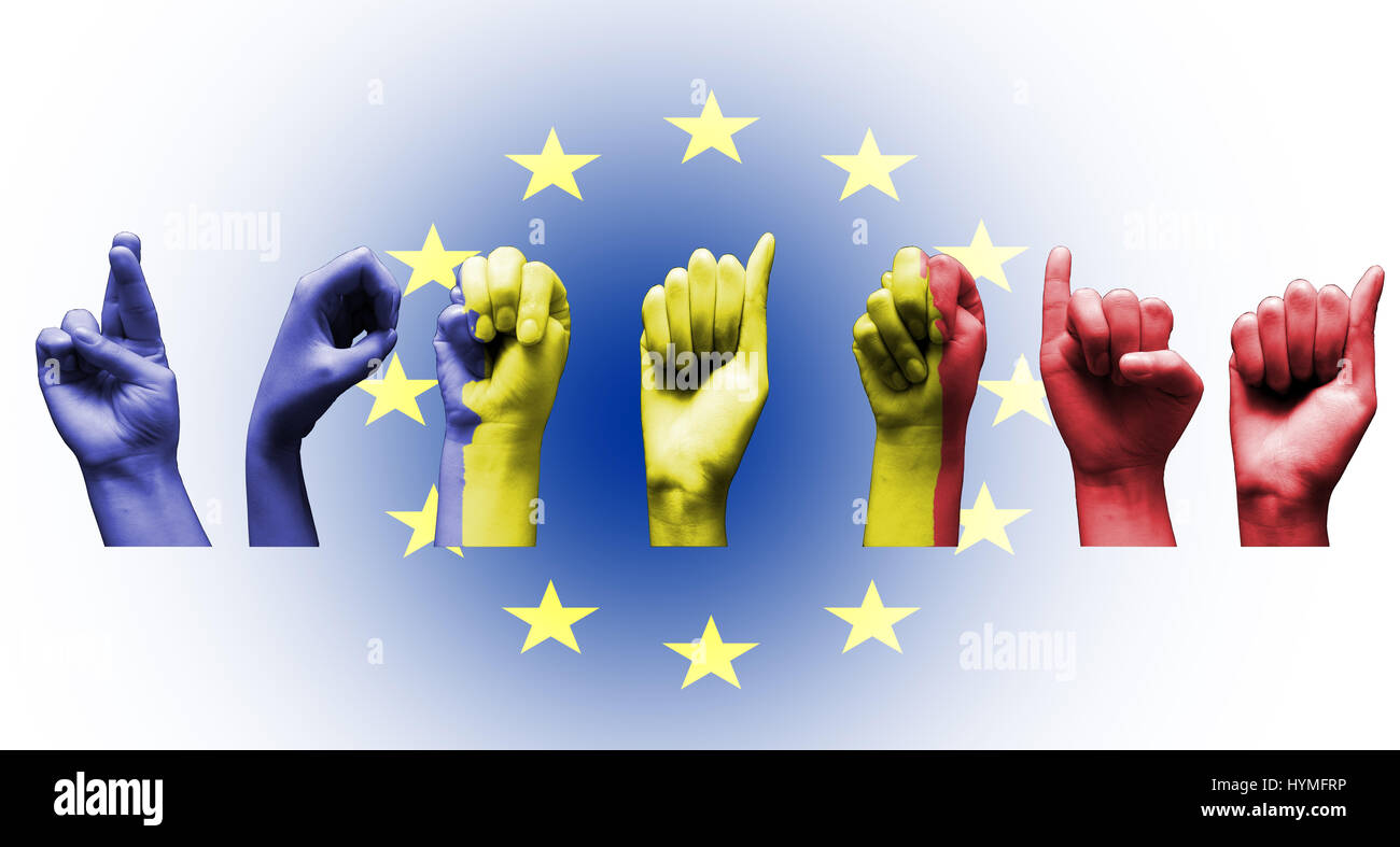 La Romania segno dipinto a mano con bandiera rumena oltre la bandiera dell'Unione europea white Foto Stock