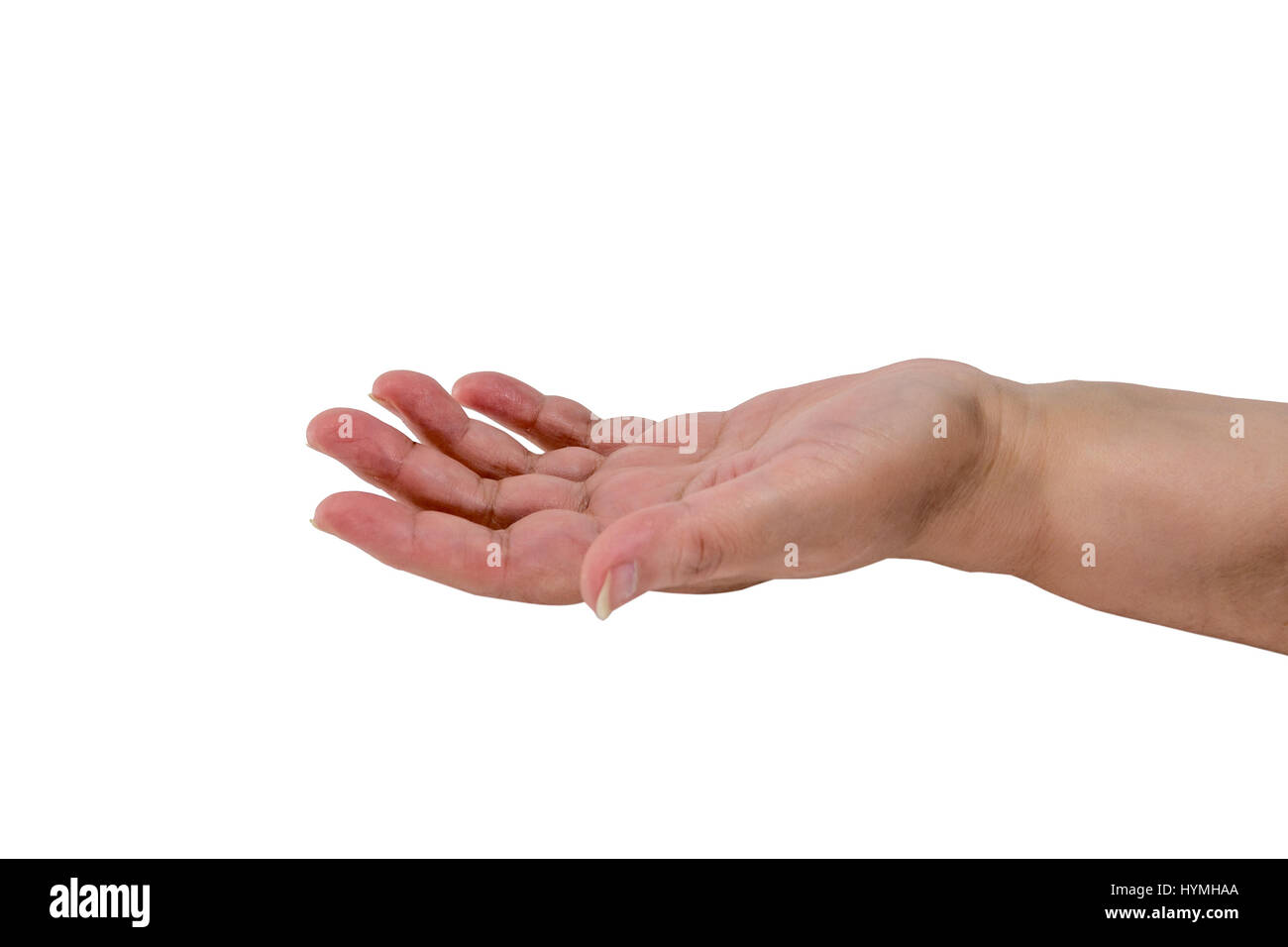 Senior della donna a mano alams isolato su bianco Foto Stock