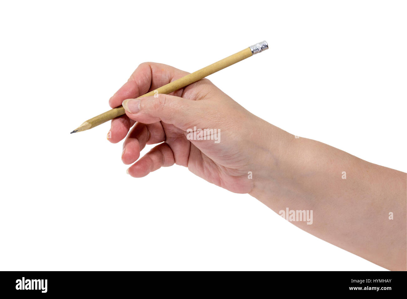Senior di donna con la mano una matita isolati su sfondo bianco Foto Stock