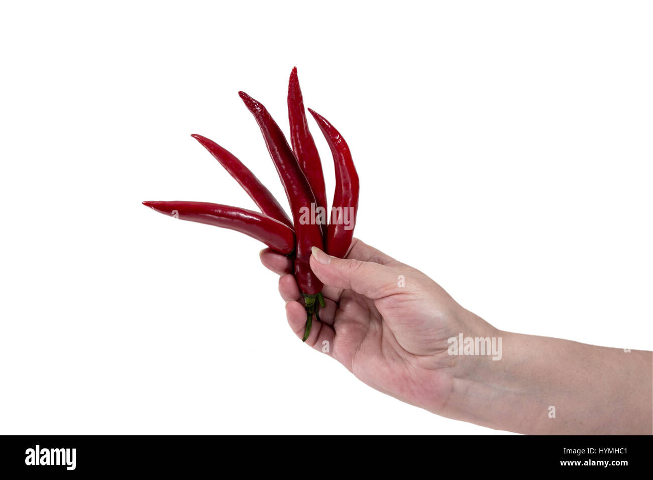 Senior donna tiene a mano il taglio pepe rosso isolato su sfondo bianco Foto Stock