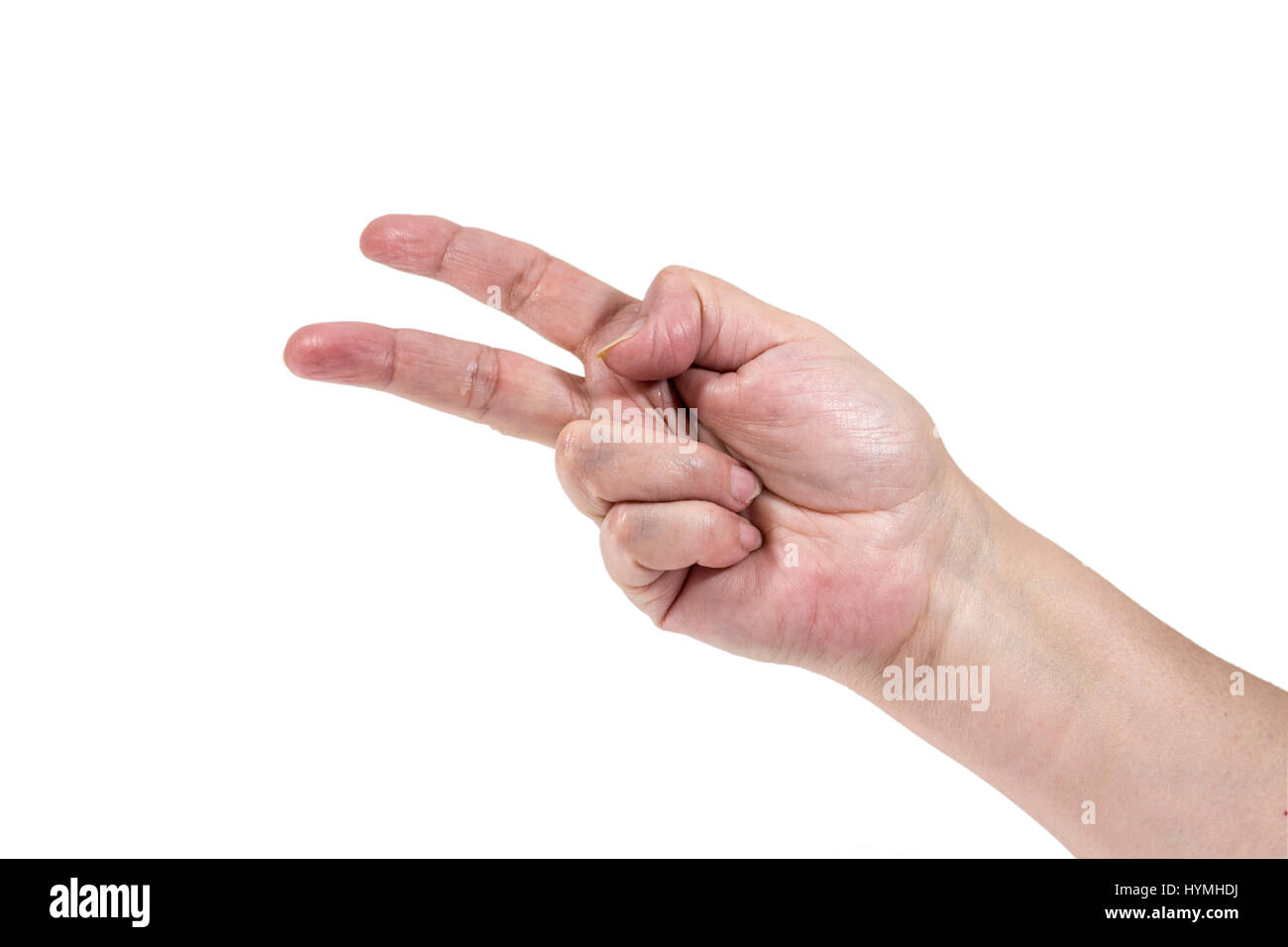 Senior della donna a mano alams isolati su sfondo bianco Foto Stock