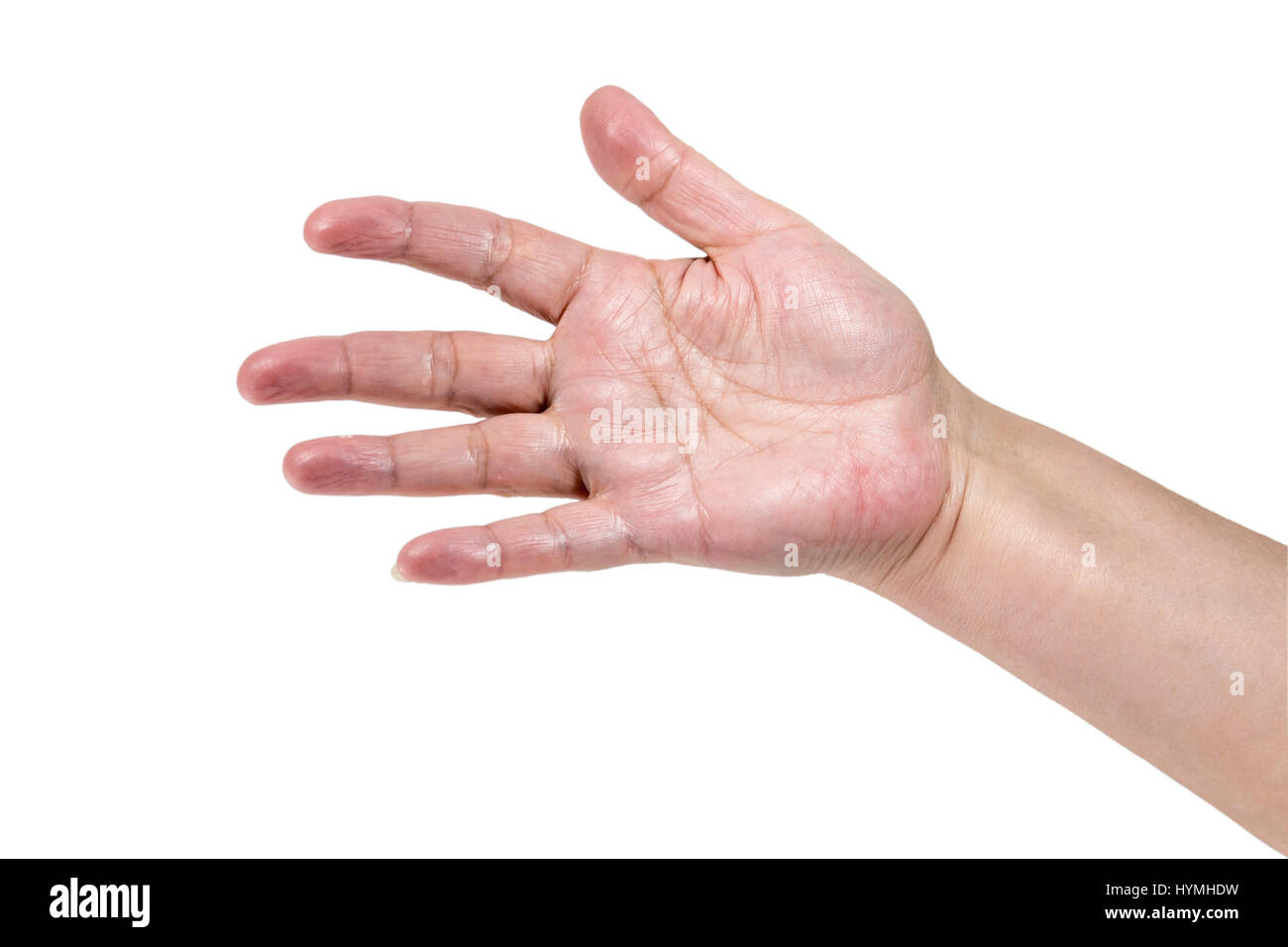 Senior della donna a mano fivesolated su sfondo bianco Foto Stock