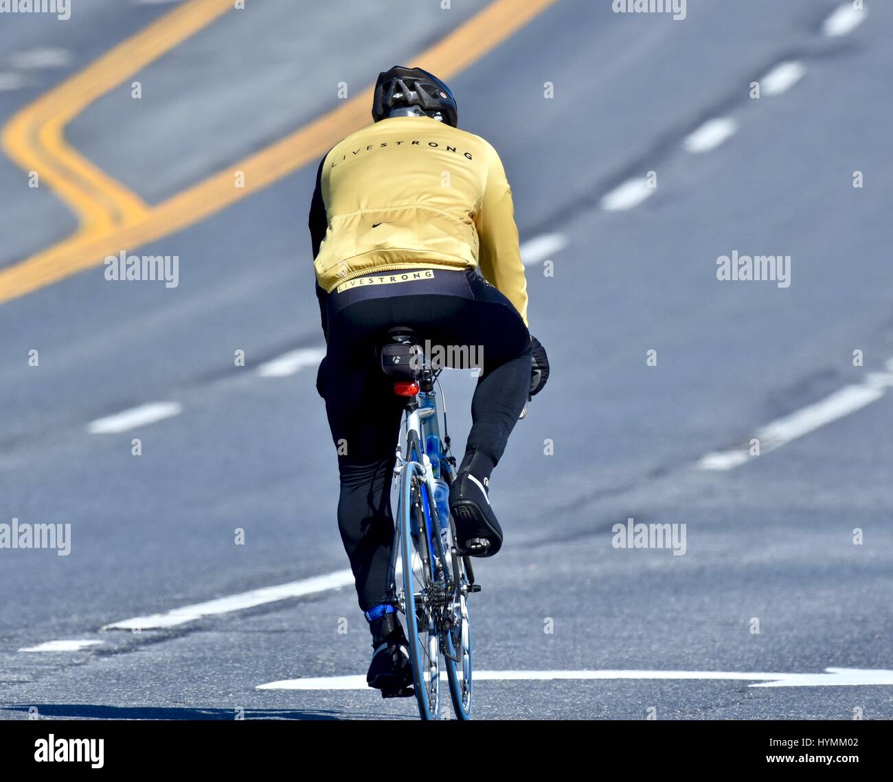 Ciclista Bicicletta Equitazione in abiti Livestrong Foto Stock