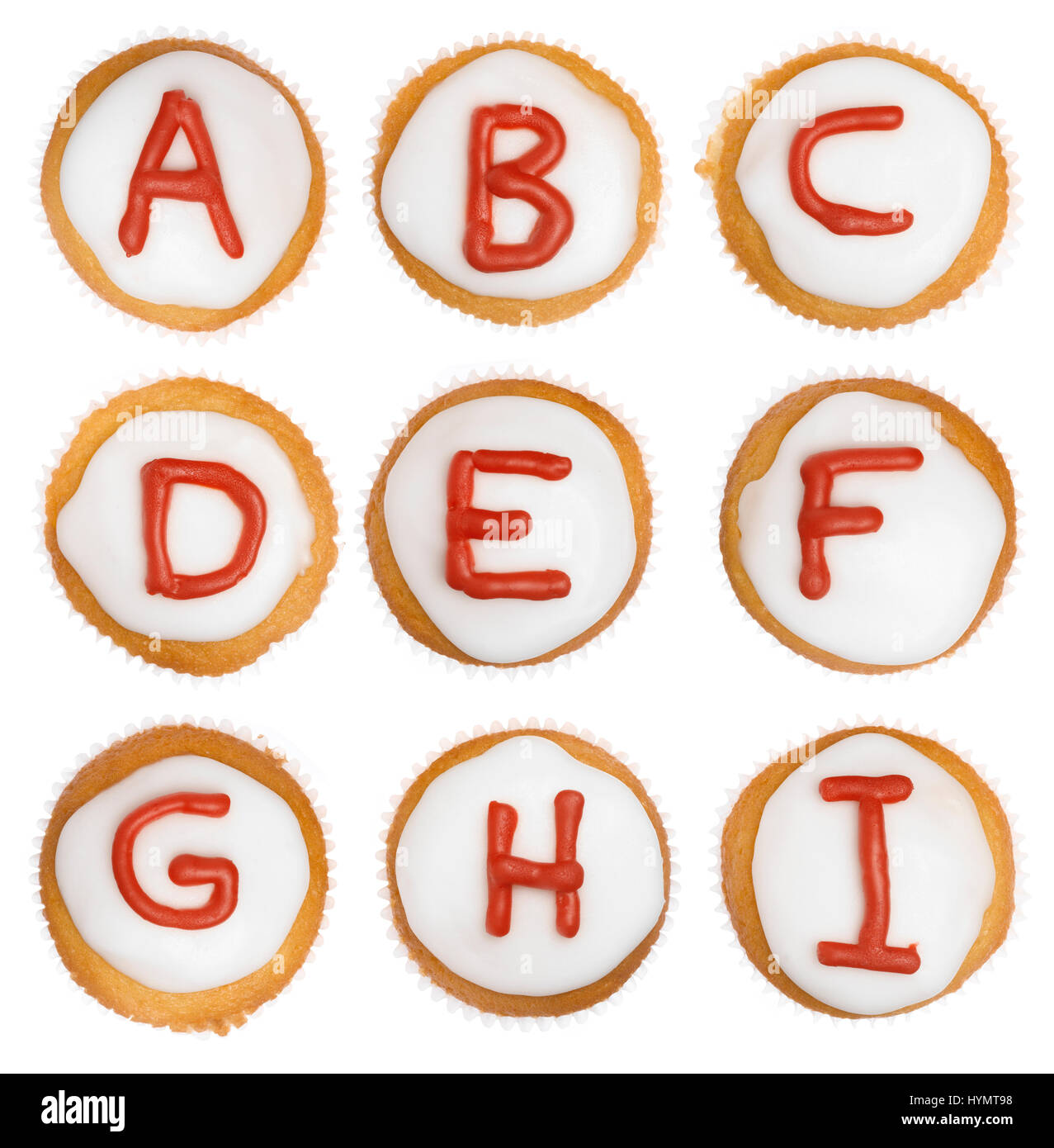 Isolato Cupcake alfabeto da A a I Foto Stock