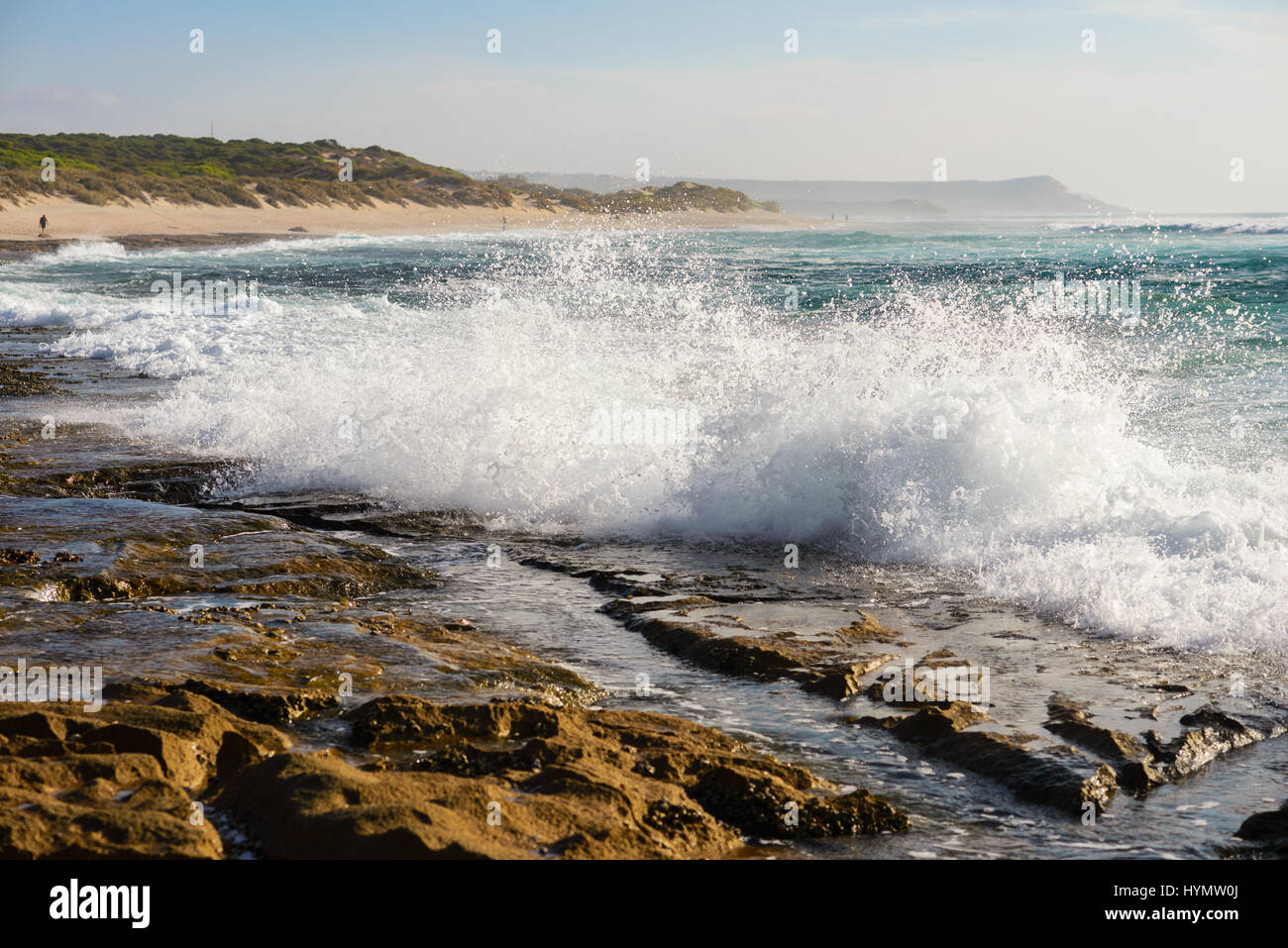 Onde che si infrangono sulle rocce e scogliere sulla Costa Coral, onda batte sulla roccia, offshore Western Australia, Oceano Indiano, costa occidentale di un Foto Stock