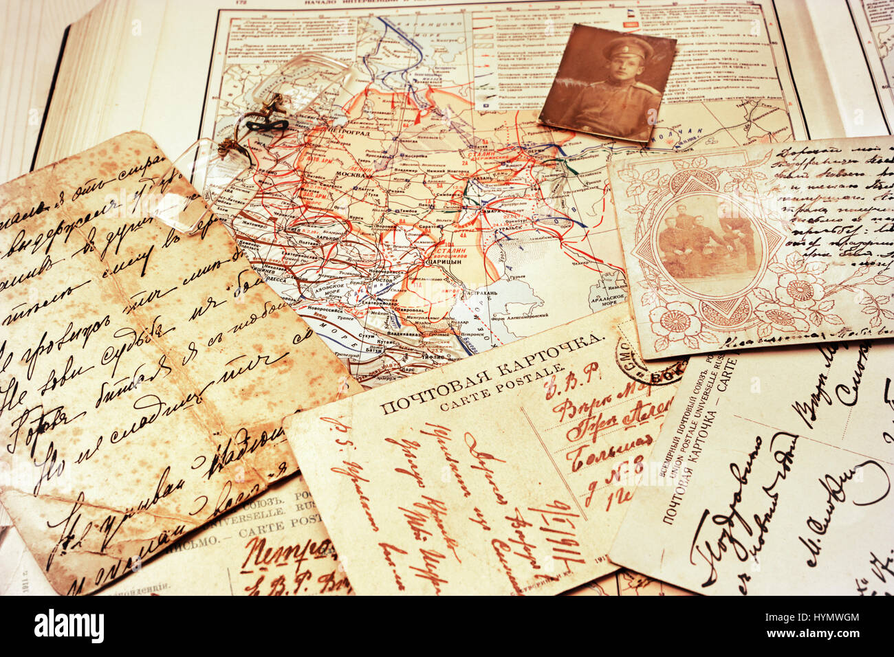 Cartoline e una mappa delle battaglie della guerra civile in Russia 1918-1919, pubblicato in URSS,1947 Foto Stock