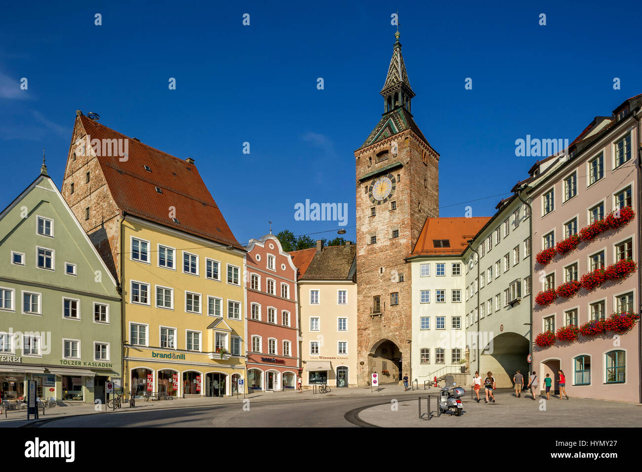 Città medievale di gate, Schmalzturm o bella torre, piazza principale, Landsberg am Lech, Alta Baviera, Baviera, Germania Foto Stock