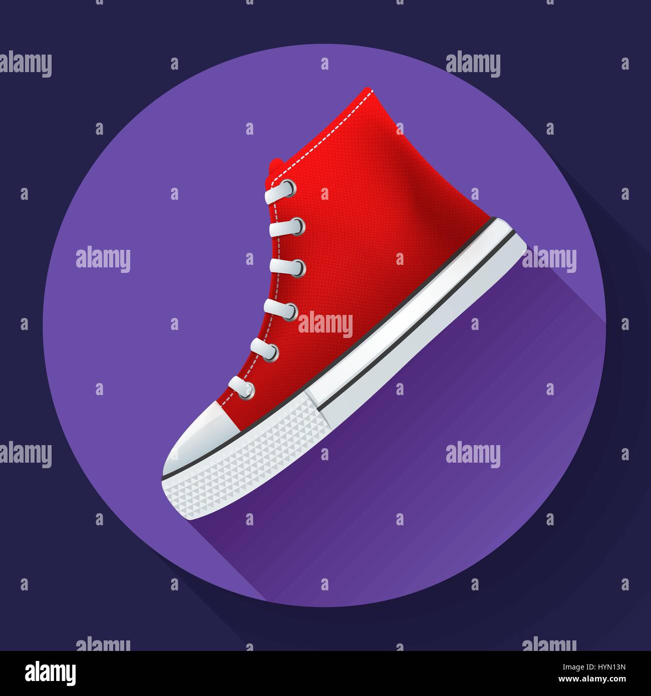 Red sneakers scarpe per città running shoe design piatto con lunga ombra Illustrazione Vettoriale