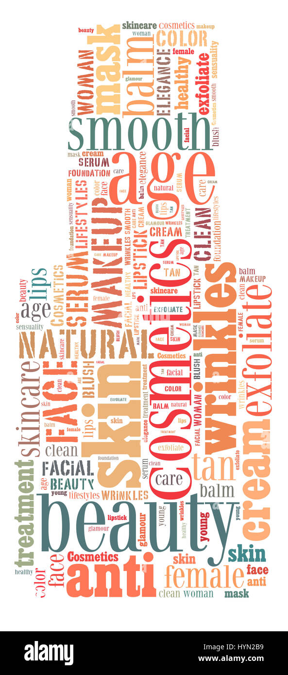 Prodotti cosmetici per il trucco e word cloud Foto Stock