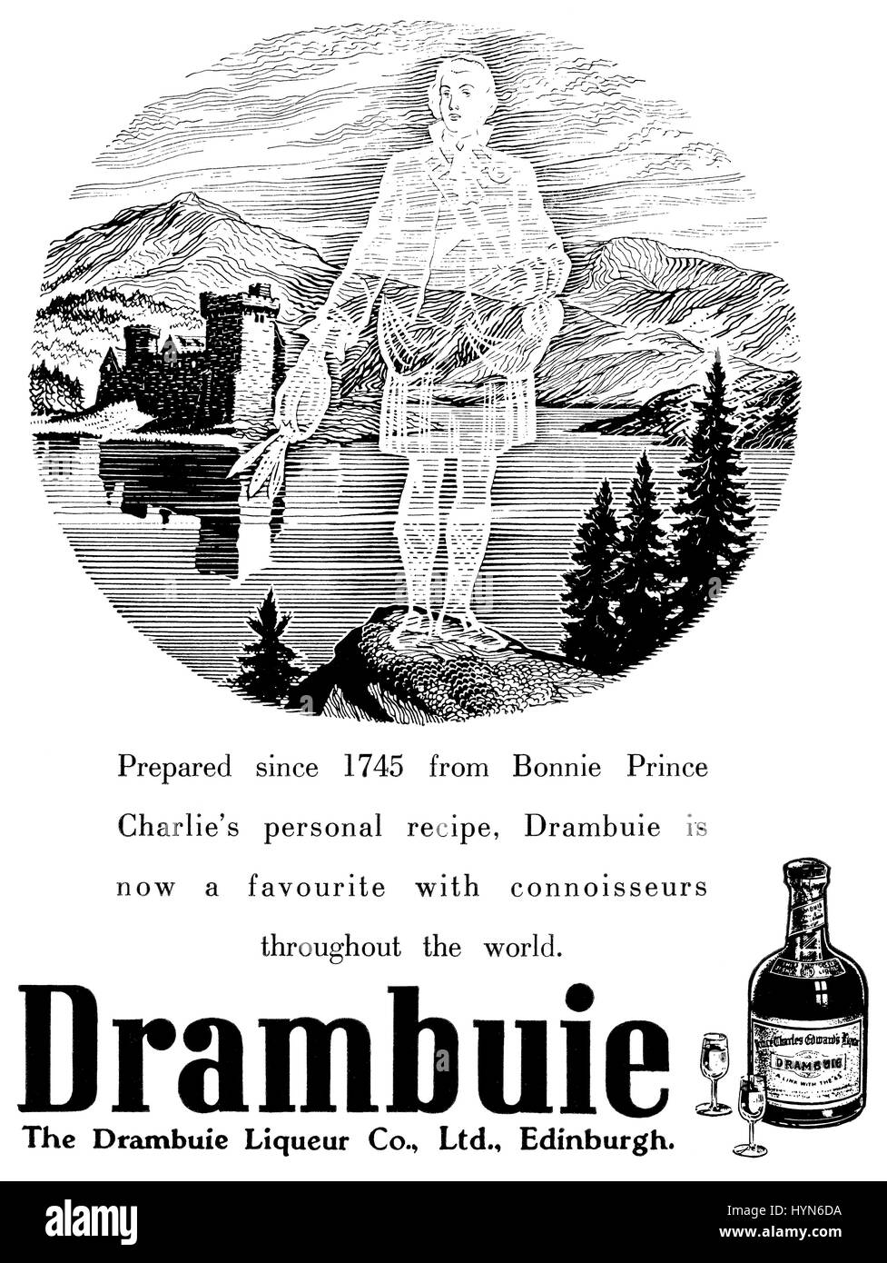 1953 British un quarto di pagina di pubblicità per il Drambuie liquore. Foto Stock