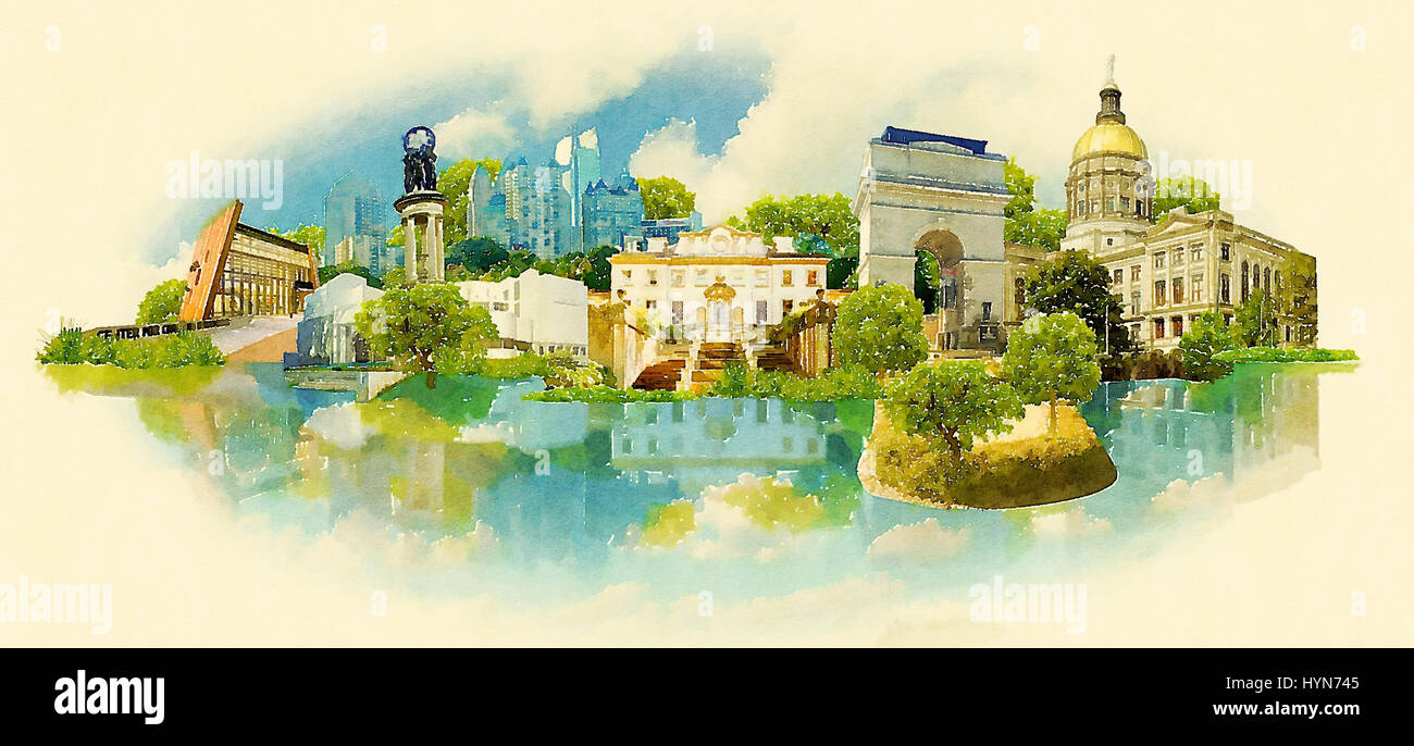 ATLANTA city water color vector illustrazione panoramica Foto Stock
