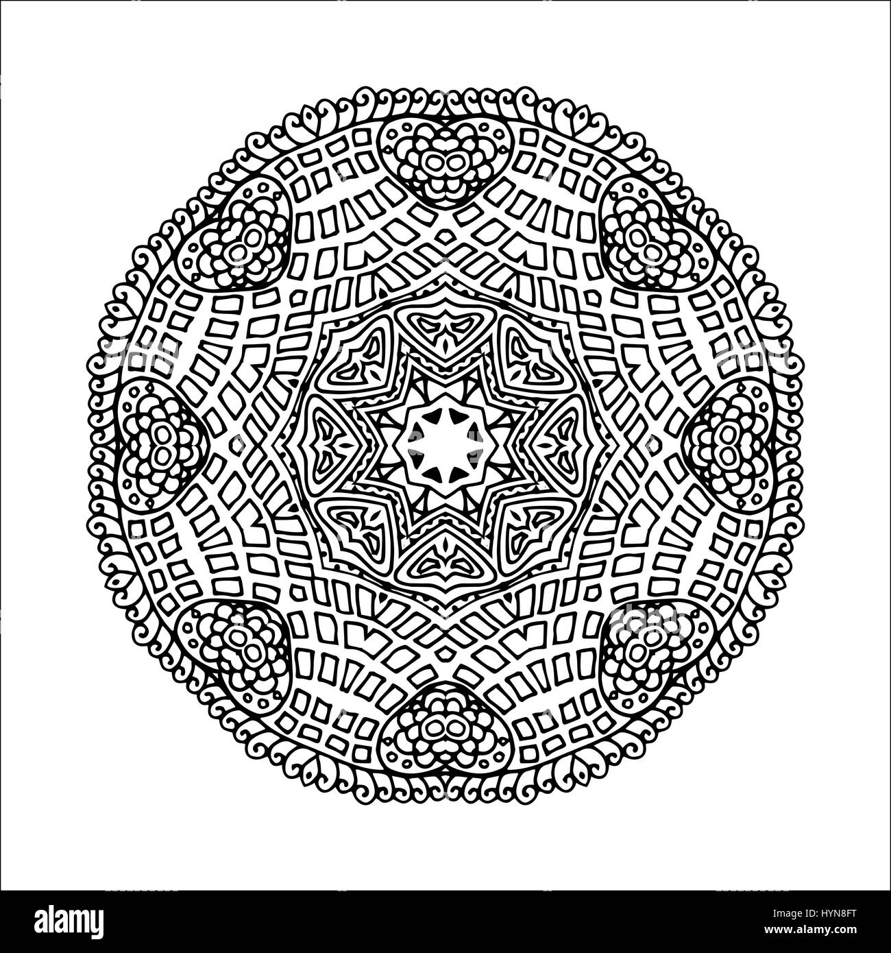 Mandala. Decorativi etnici elemento tondo. Disegnata a mano lacy pattern. L'Islam, l'Arabo, indiano, motivi ottomano. Stile Boho. Mono color black line art per adulti libro da colorare il design della pagina. Illustrazione Vettoriale