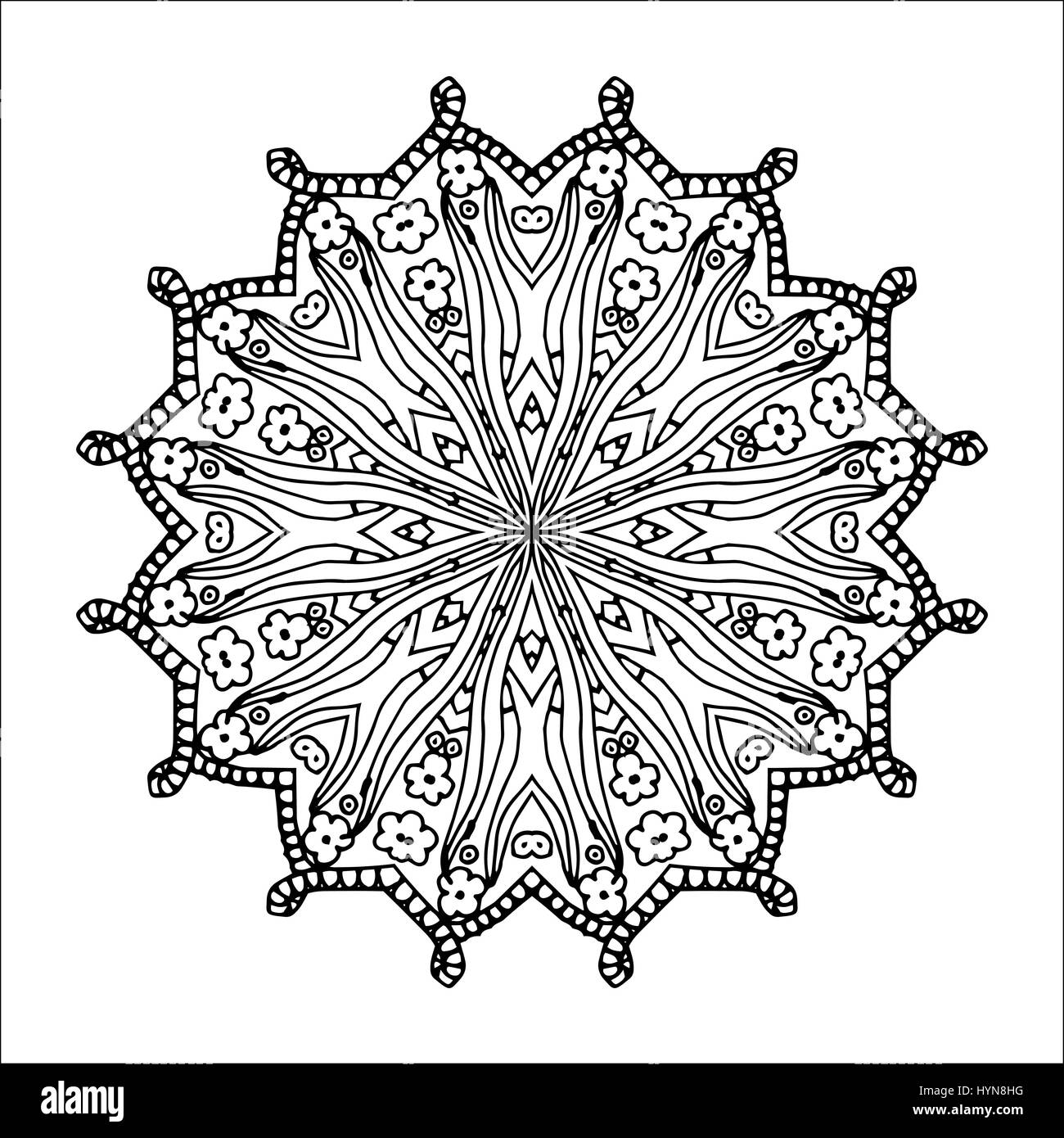 Mandala. Decorativi etnici elemento tondo. Disegnata a mano lacy pattern. L'Islam, l'Arabo, indiano, motivi ottomano. Stile Boho. Mono color black line art per adulti libro da colorare il design della pagina. Illustrazione Vettoriale