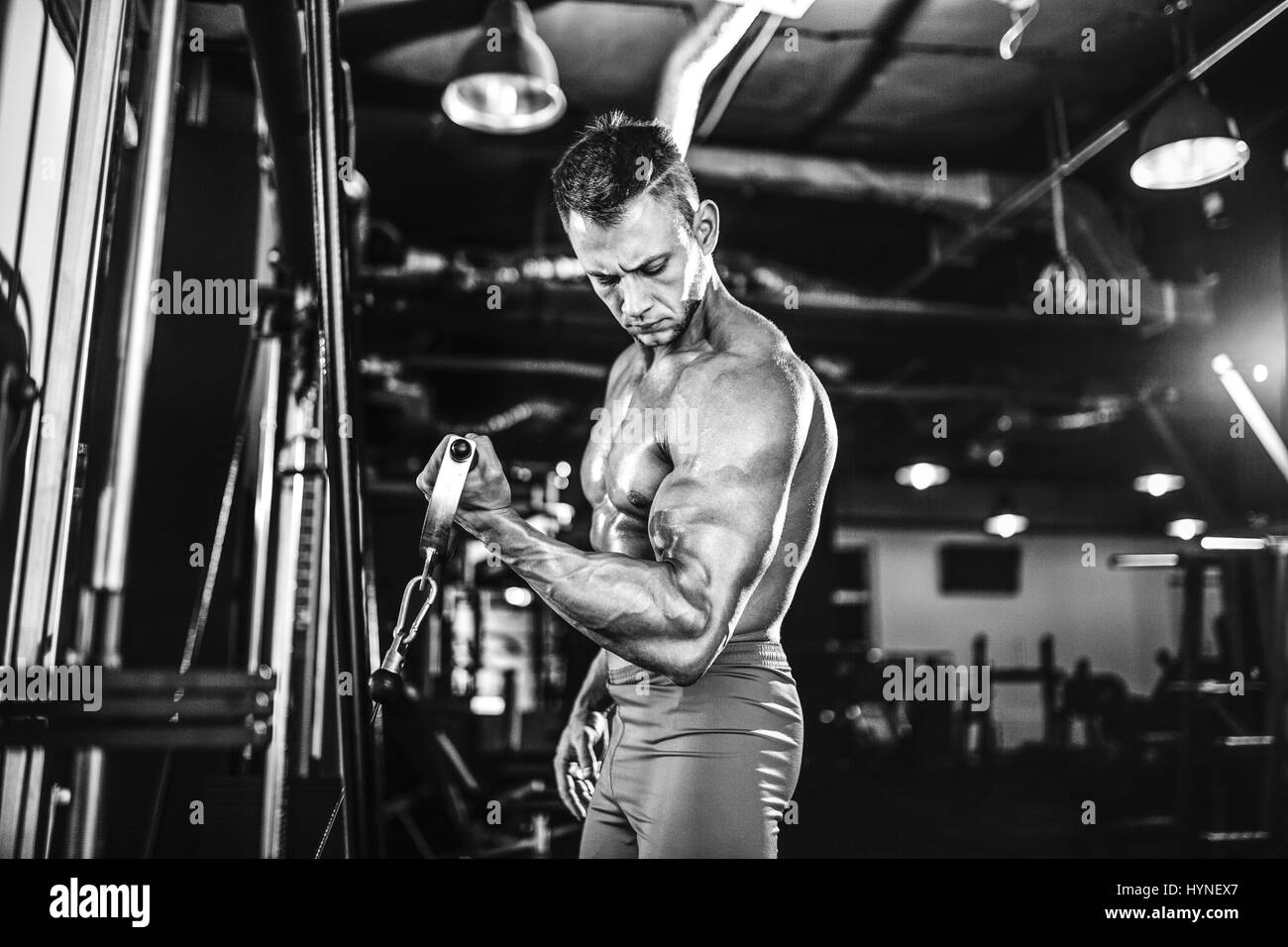 Giovani Bodybuilder facendo Peso pesante Esercizio per bicipite Foto Stock