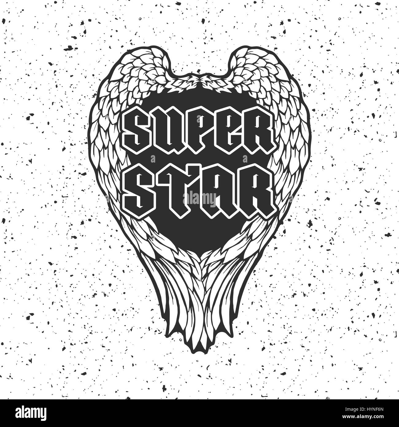 Retrò t-shirt stampa o musica copertina disco con ali d'angelo e texture grunge Illustrazione Vettoriale